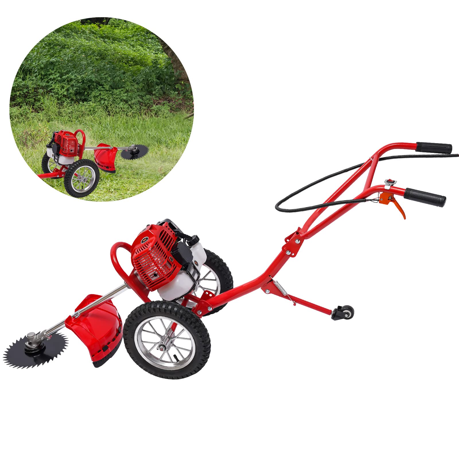 Cortacésped Autopropulsado, Desbrozadora De Gasolina De 49 CC Y 2 Tiempos con Ruedas Auxiliares Plegables, Cuchillas para Cortar Y Aflojar La Tierra, Ideal para Jardines Y Pequeñas Granjas.