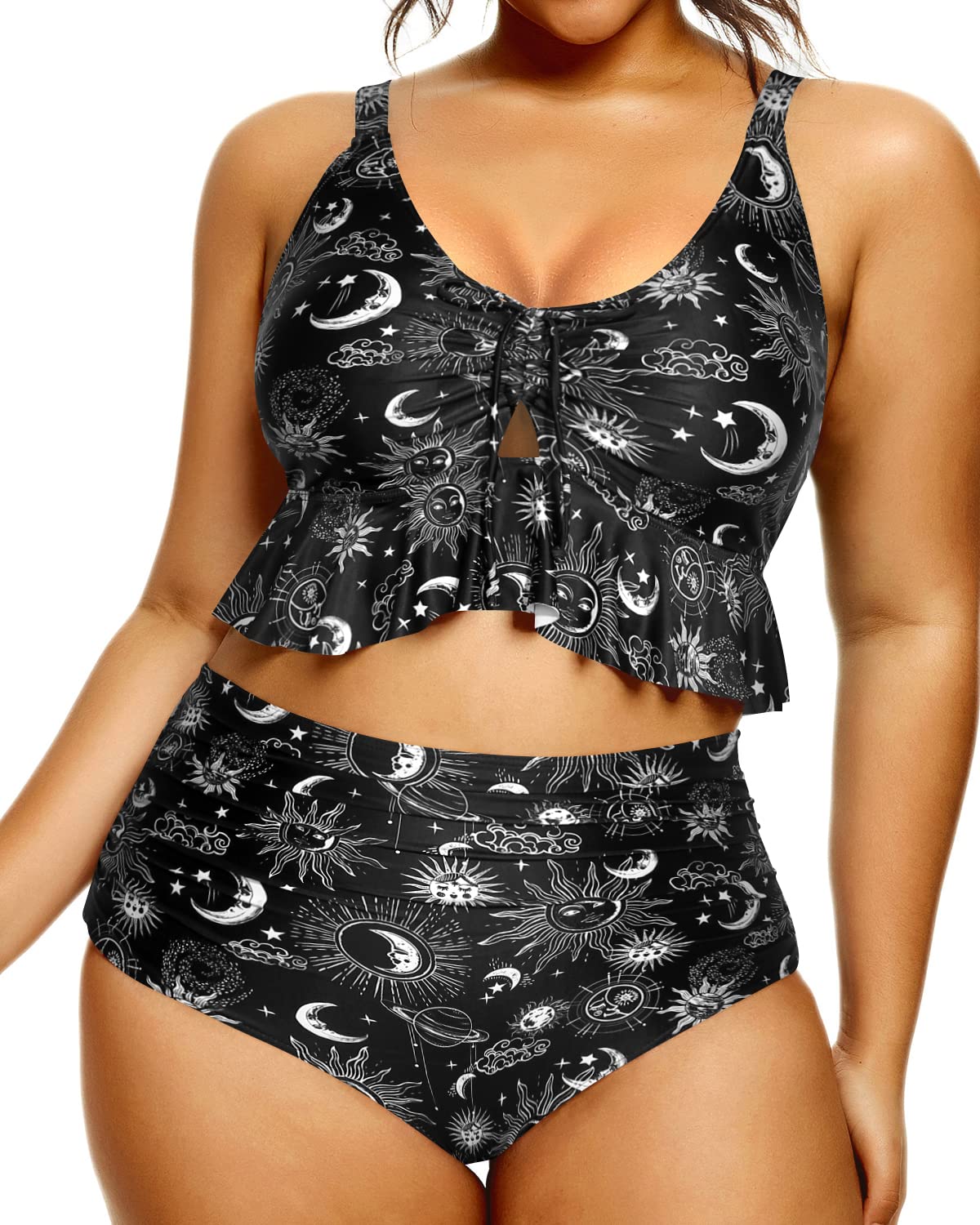 DaciWomen Plus Size Two Piece Swimsuits High Waisted Bikini Set Ruffle Flounce Tummy Control Bathing Suits with Bottom