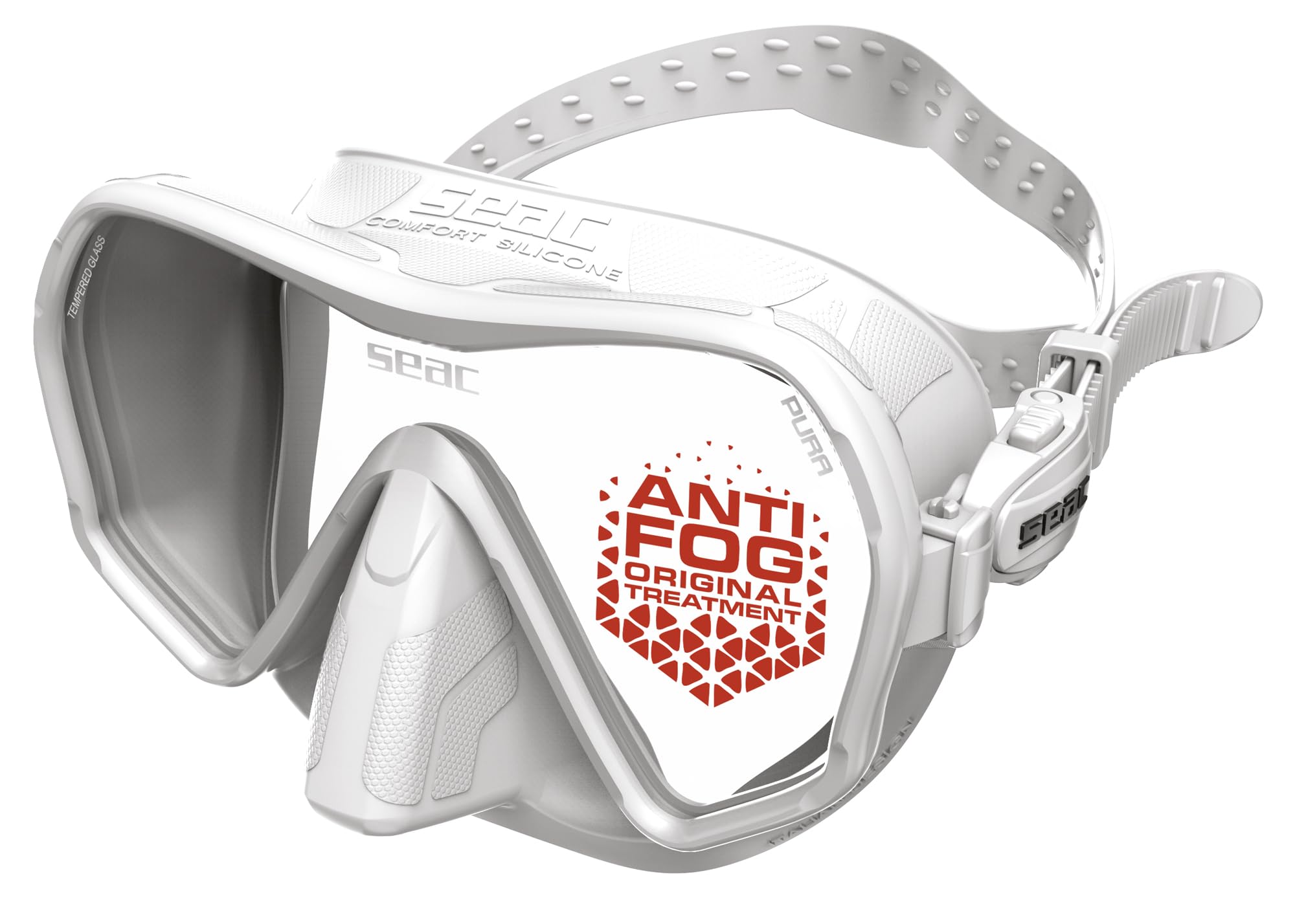 SEAC Pura – Frameless Single-Lens Silicone Diving Mask | Antifog Low Volume Mask for Diving and Snorkeling with 3D Buckle, White