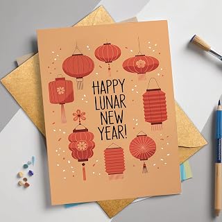 Happy Lunar New Year Lantern Card, Asian Holiday Greeting Card | 8x5.3 Inch Lunar New Year Card, Red Lantern Greeting for Family Friends Coworkers with Festive 2026 Wishes Gift