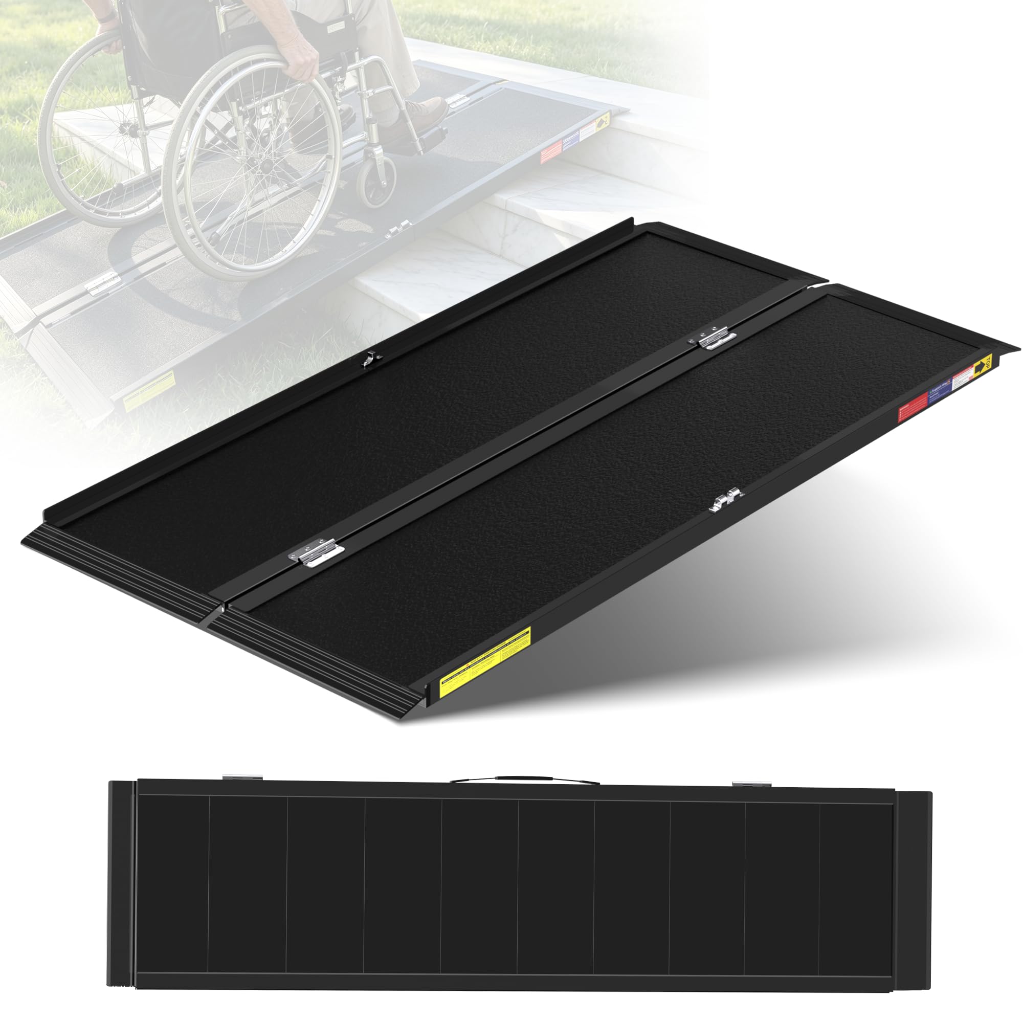 Nelyrho Rampa plegable de aluminio para silla de ruedas de 5 pies, superficie antideslizante, diseño de bloqueo rápido, rampa de umbral portátil para escalones y puertas del hogar, color negro