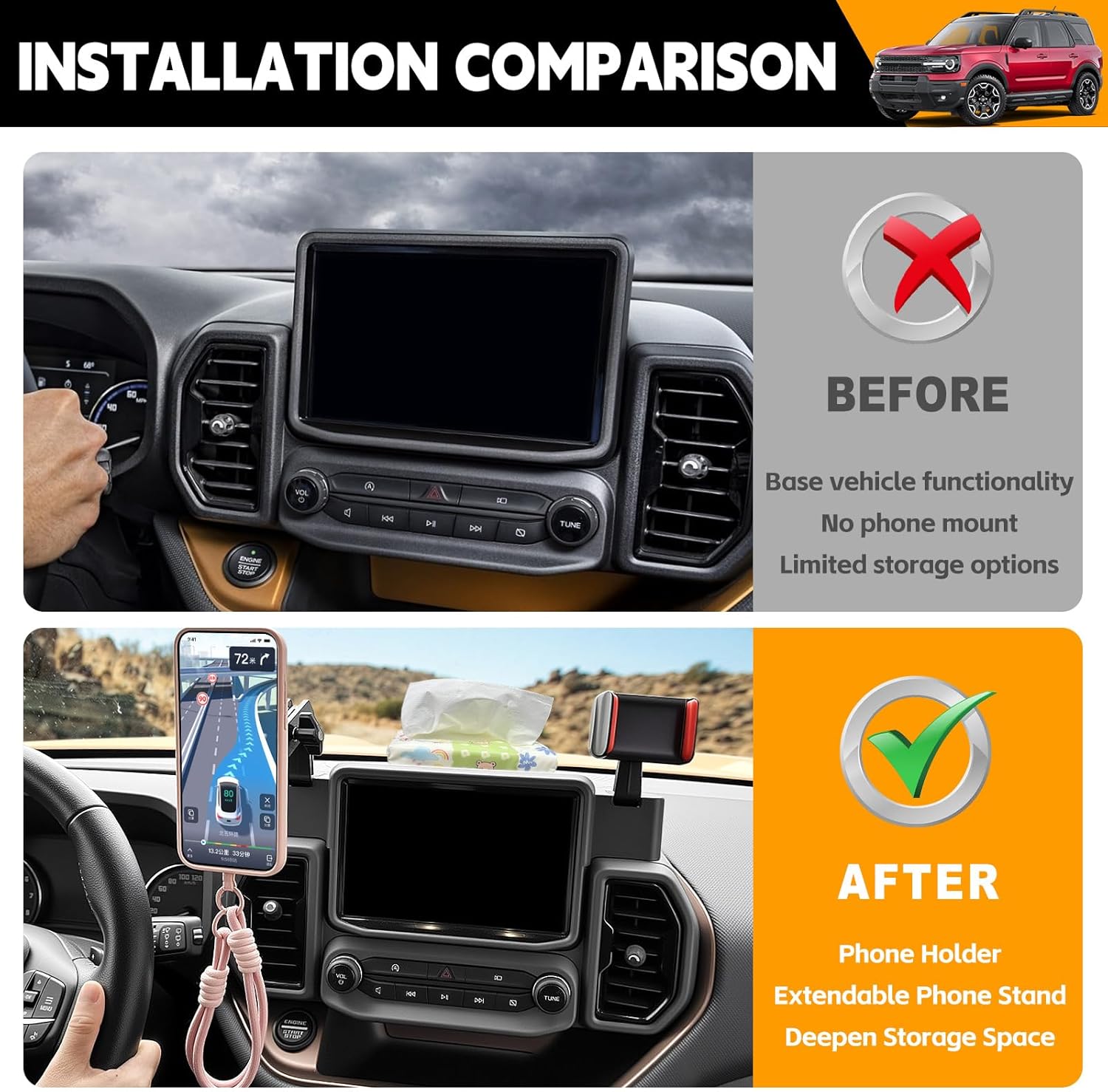 Dashboard Phone Holder Compatible with 2021-2024 Ford Bronco Sport Center Console Organizer Dashboard Phone Multi-Mount Kit for 2023 Bronco Sport Accessories(Bronco Sport 2021-2024)