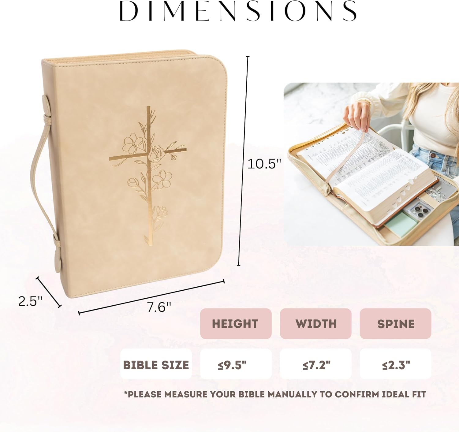 Bible Cover Case for Women – PU Leather Large Bible Case with Minimalist Debossed Design – Christian Bible Accessories for Girls & Women (Beige/Gold) - Image 5