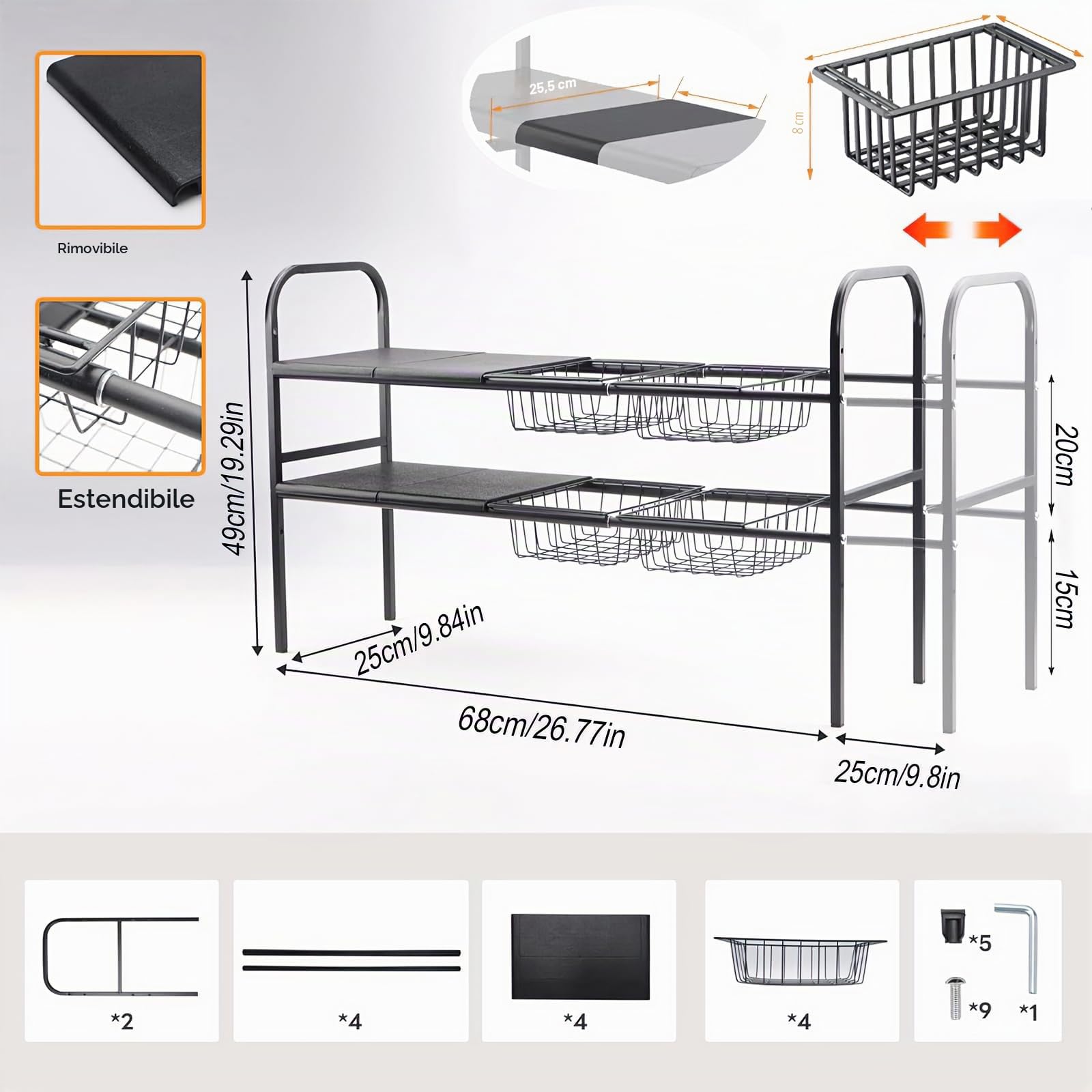 ViWaVee Organizer Sottolavello Cucina, Organizer a 2 Livelli Con 4 Cestelli Estraibili e 4 Pannelli, Scaffale Sotto Lavabo Per Cucina, Organizzatori Bagno(Nero, 53 cm - 83 cm)