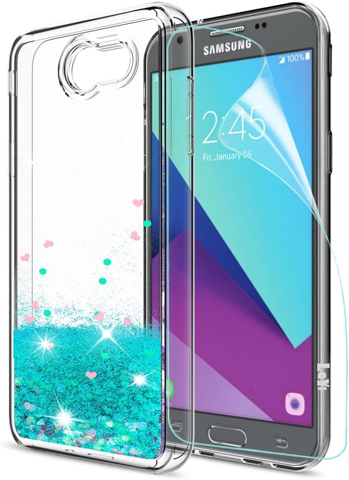 Galaxy J3 Prime/J3 Eclipse/J3 Emerge/J3 Mission/J3 Luna Pro/Express Prime 2/Amp Prime 2/Sol 2 Glitter Case with HD Screen Protector,LeYi Girls Women Clear Liquid Case for Samsung J3 2017 ZX Turquoise