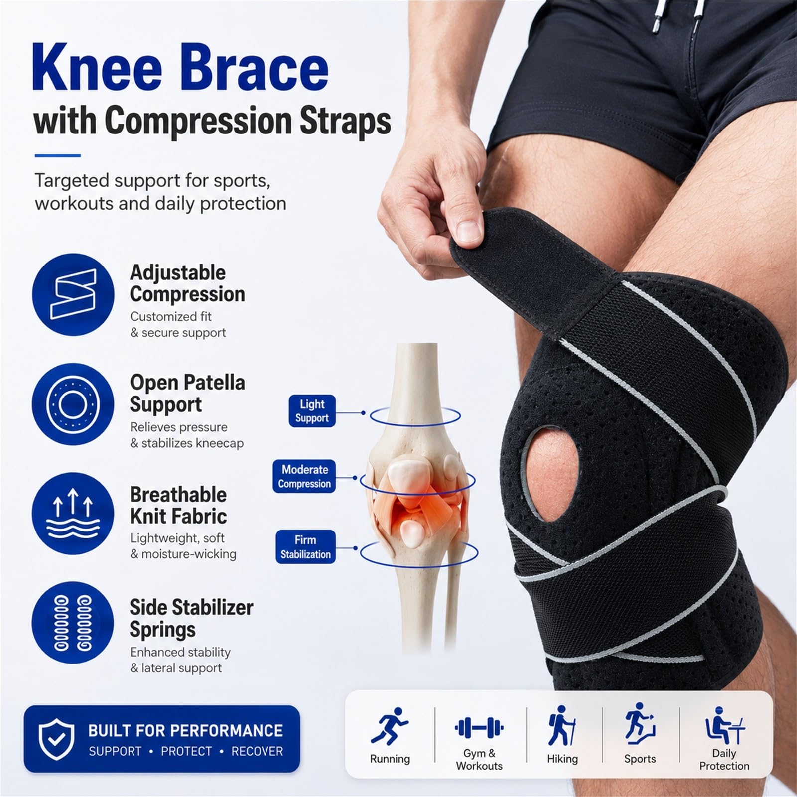 Soporte para la rodilla para hombres y mujeres, rodillera de compresión ajustable con estabilizadores laterales y almohadilla de gel de silicona para la rótula, ideal para correr, hacer senderism
