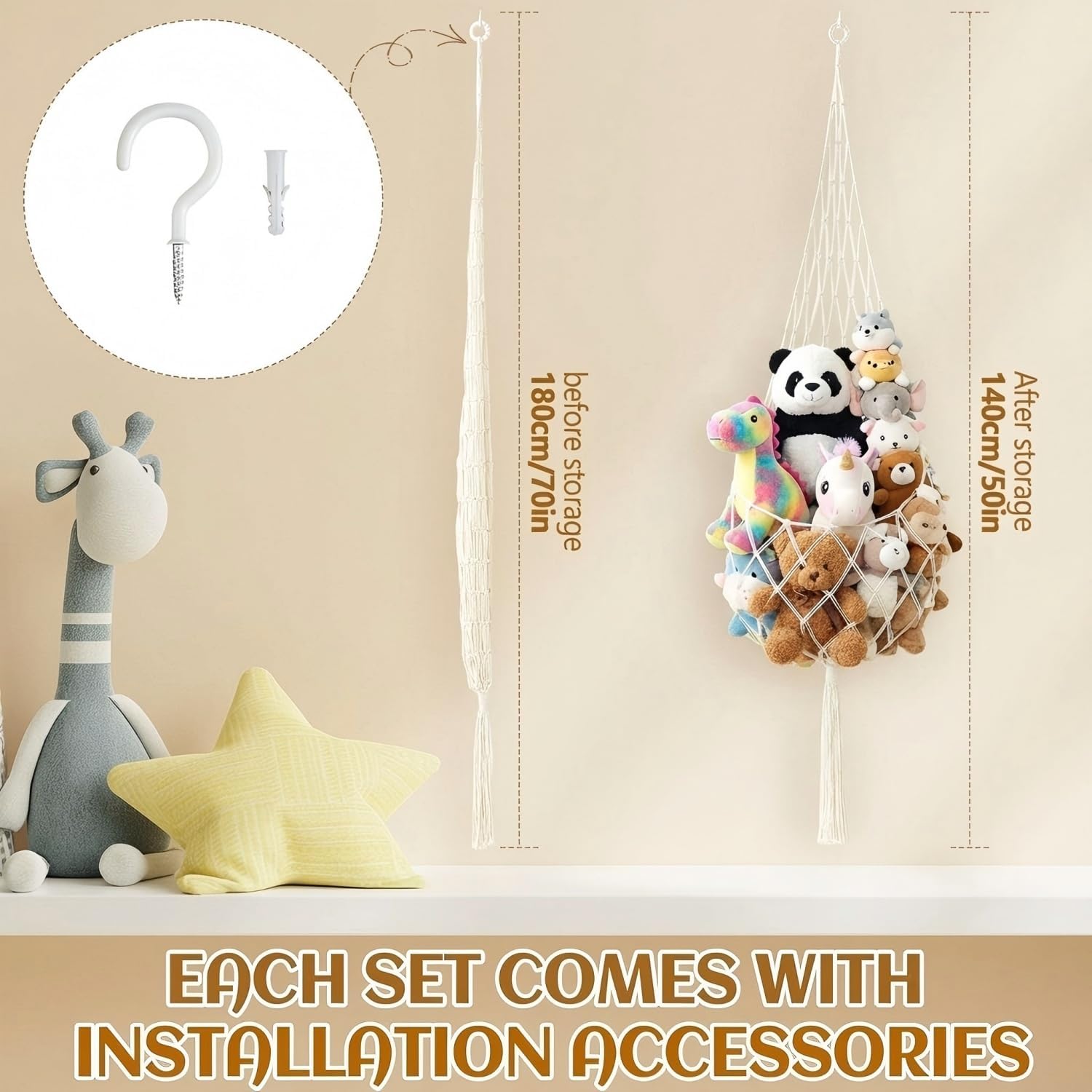Tioncy 2 Sets Stuffed Animal Storage Organizers 70'' Stuffed Animal Hammock Corner Ceiling Hanging Net Macrame Display Holder Wall Mounted for Bedroom(Cream)