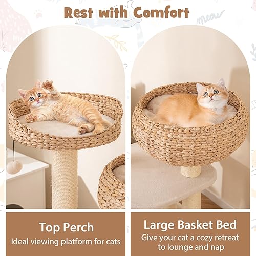 Vista 24 de Tangkula Árbol moderno para gatos, torre pequeña para gatos con poste rascador de sisal natural, condominio para gatos hecho a mano y percha Café