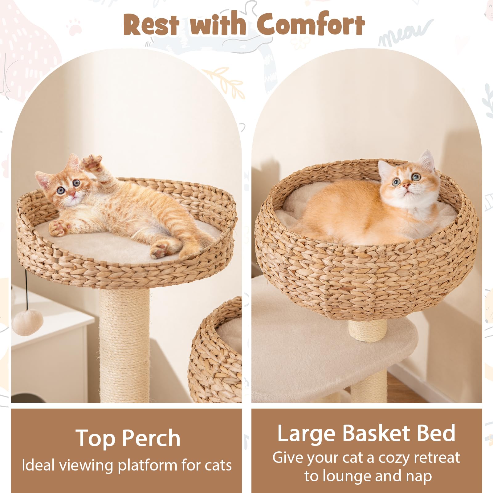 Tangkula Moderno árbol para gatos, torre alta para gatos con poste rascador de sisal natural, condominio de mimbre hecho a mano y percha superior, divertida bola de juguete colgante, bonita torre de