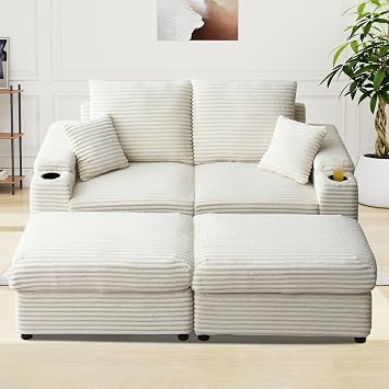 Chaise Lounge Chair Indoor,70.8 Oversized Sleeper Chair with Wood Frame, Upholstered Sofa Bed for Living Room, Movie Room, Bedroom with 2 Storage Pockets& 2 Cup Holders(Corduroy, Beige)