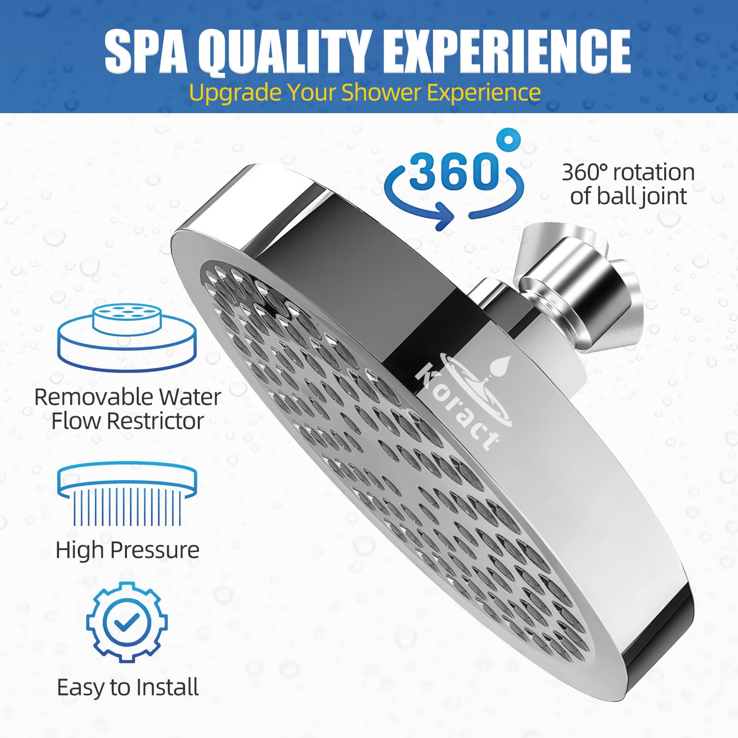 Koract Shower Head High Pressure Rain Premium Quality Luxury Design Anti-Clogging Silicone Nozzles Adjustable Replacement for Bathroom Shower Heads (Luxury Polished Chrome, 6 inch Round)