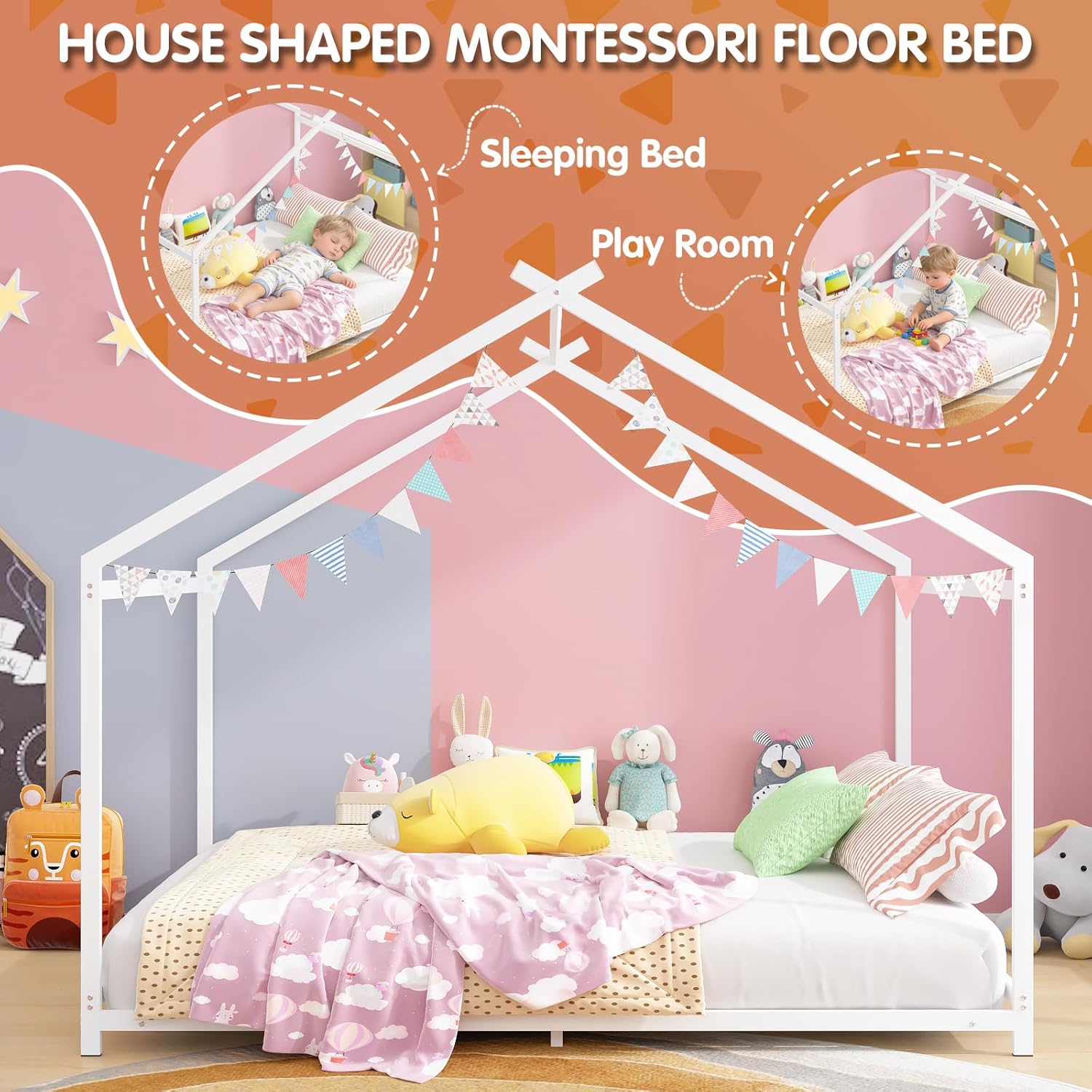 Timy House Shape Full Size Montessori House Bed Metal Floor Bed Full Bedframe for Kids No Box Spring Needed White