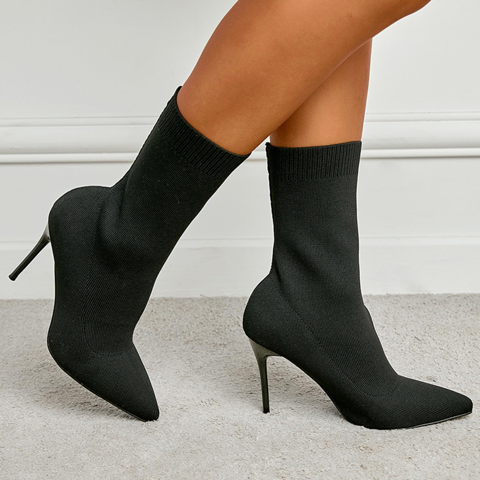 10CM Chaussettes Pointues Sexy pour Femmes Bottines à Talons Hauts Stiletto Mid-Tube Short Boots Stretch Knit