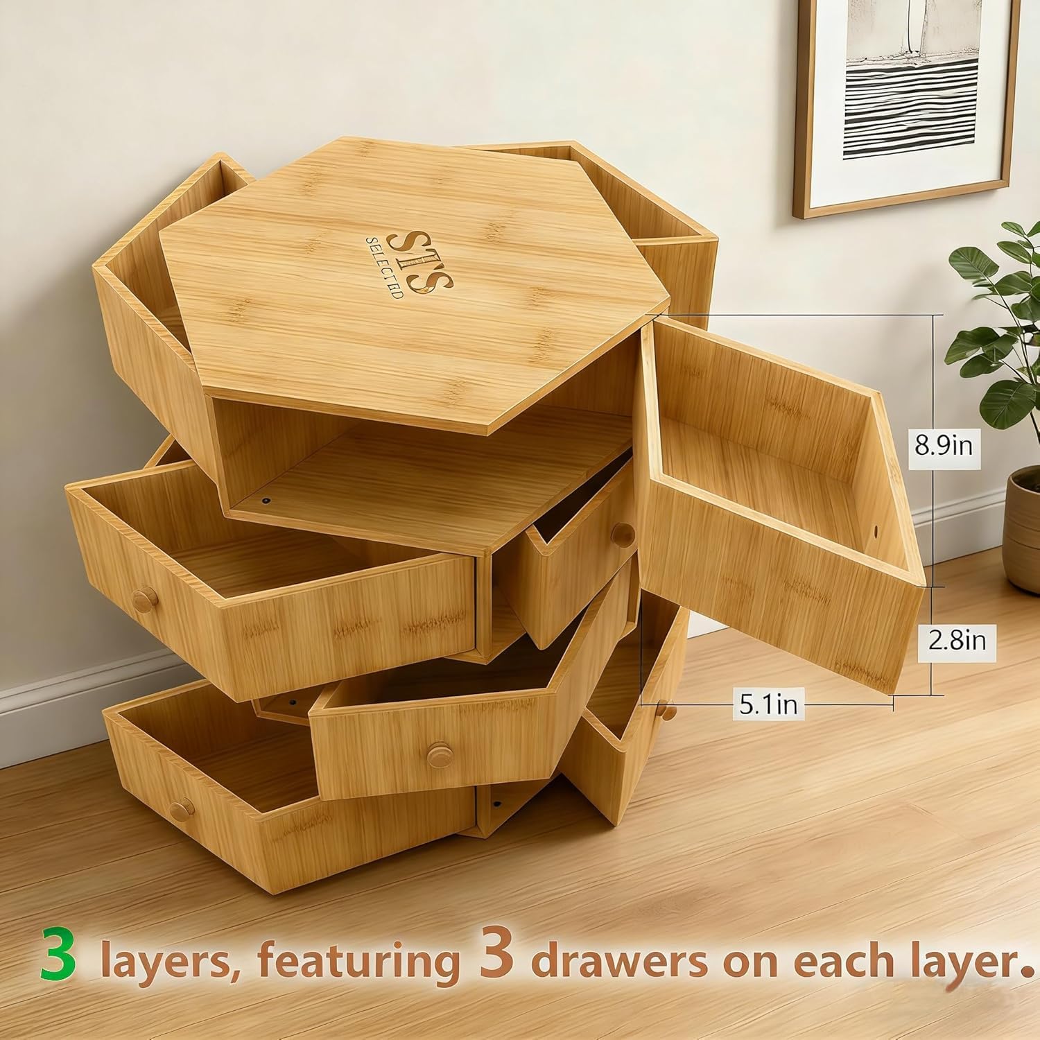 Bamboo Desktop Organizer with Large Capacity Storage, 360 ° rotating base, 3 Layers with 9 Drawers, for Home Office School Supplies, No Assembly Required