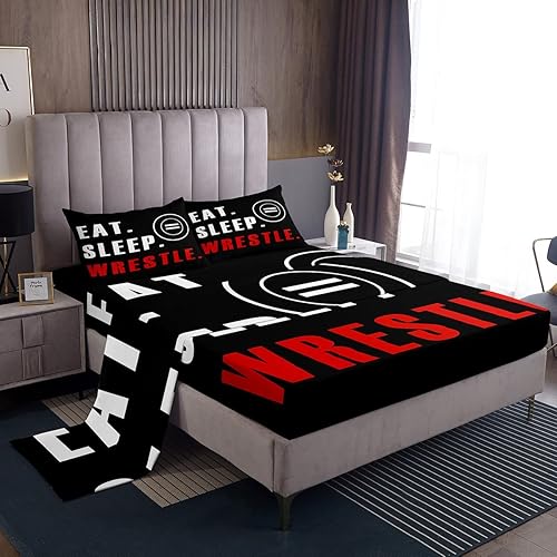Wrestle Juego de sábanas deportivas tamaño matrimonial para niños, niñas, adolescentes, decoración de lucha libre con bolsillo profundo, sábanas