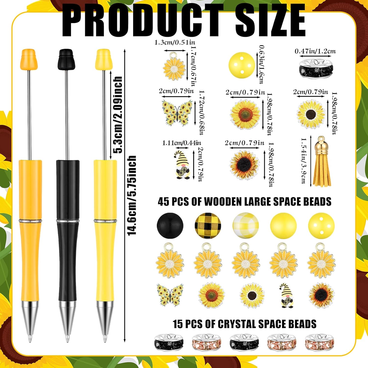 ReliThick 15 Sets Sunflower Beadable Pens Bulk Assorted Bead Pens Wood Crystal Round Spacer Set Wooden Spacer Round Beads Black Ink DIY Ballpoint for Women Men Gift Office Supplies - Image 3