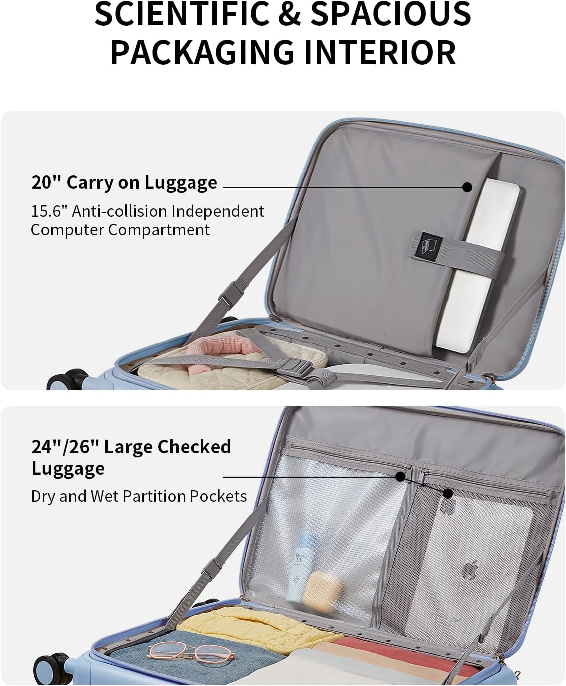 aji Expandable Top Opening Carry On Luggage Airline Approved, 20 Inch Lightweight Hardside Carry On Suitcase with Spinner Wheels, Travel Luggage with Laptop Compartment for Women Men, Blueberry Blue - Image 5