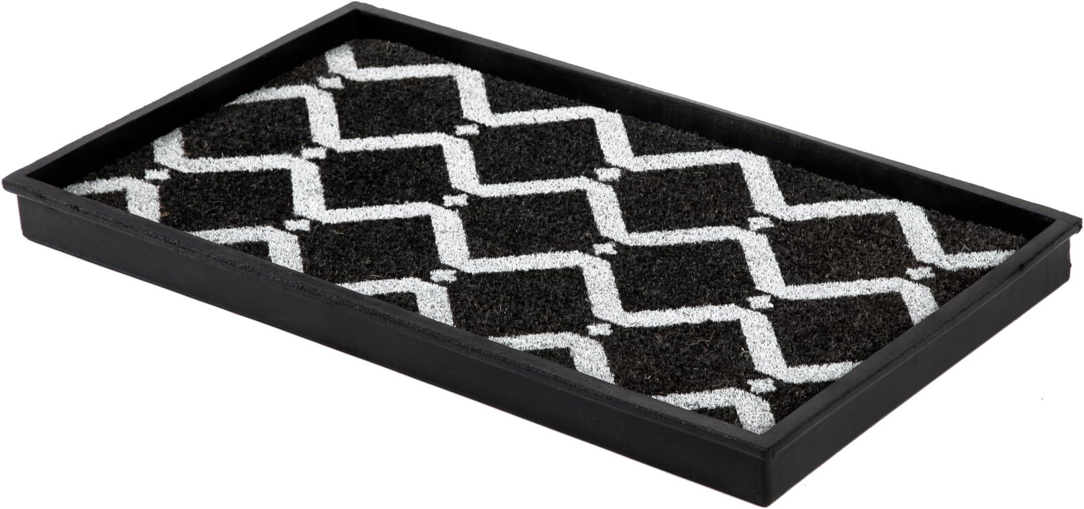 Anji Mountain Heavy Duty Waterproof Rubber Shoe Storage Mat Organizer/Boot Storage Multi Use for Entryway with Coir, Black and Ivory Diamond Insert, Fits 2 Pair (24.5" Wide)
