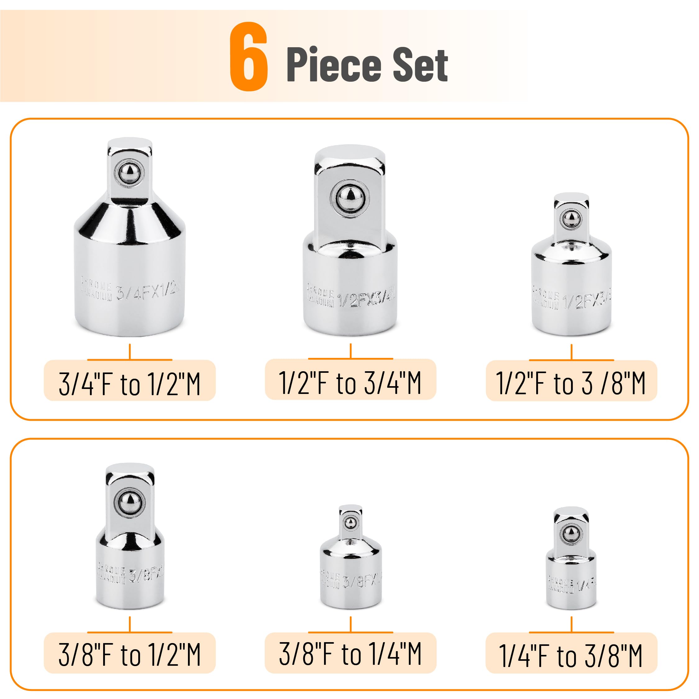 Bates- Impact Socket Adapter and Reducer Set, 6 pcs, Silver, 1/4