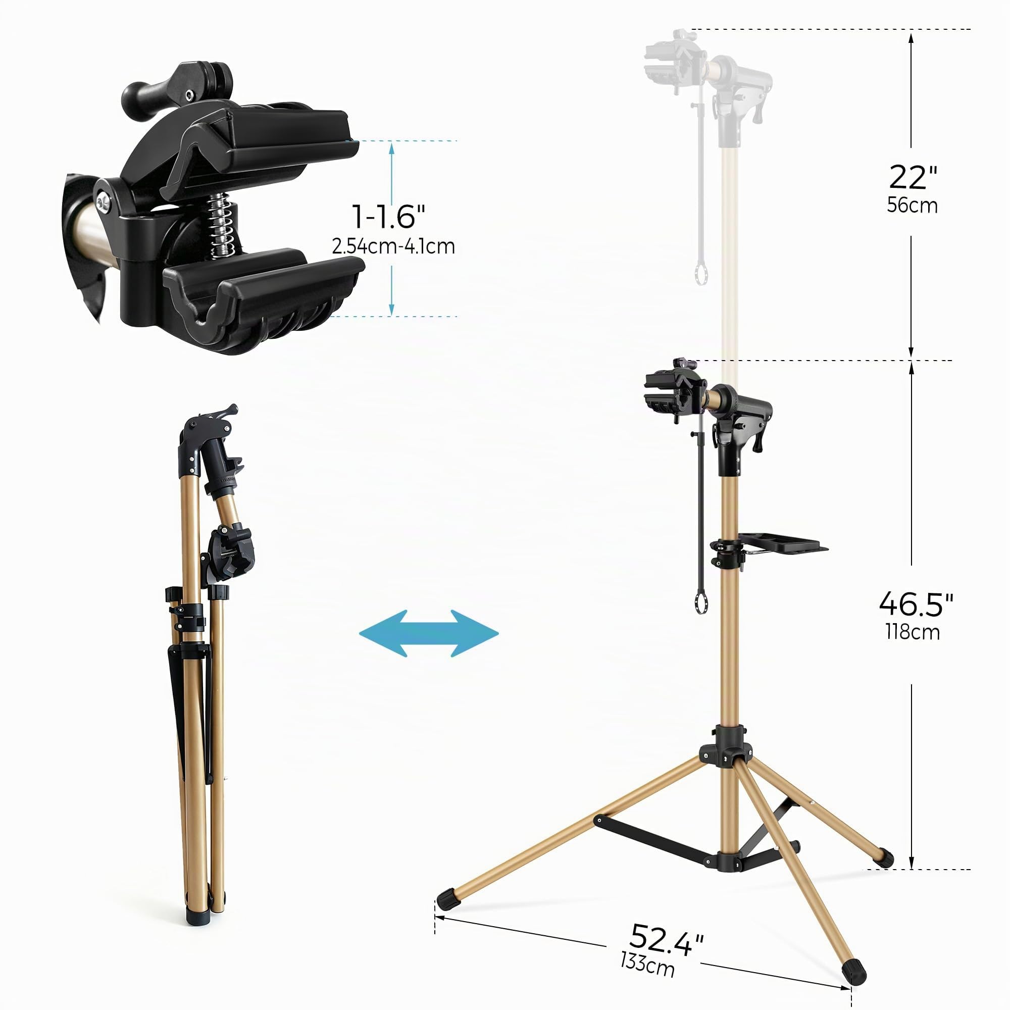 Caballetes para bicicletas de aluminio tres patas, reparación y montaje, totalmente plegable, doble cierre seguridad, diseño compacto, ultraligero, bandeja magnética de gran tamaño
