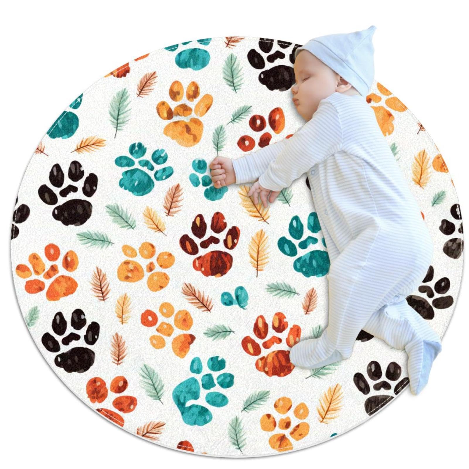 Tapis salle de bain antidérapant rond 1m avec empreintes de pattes colorées