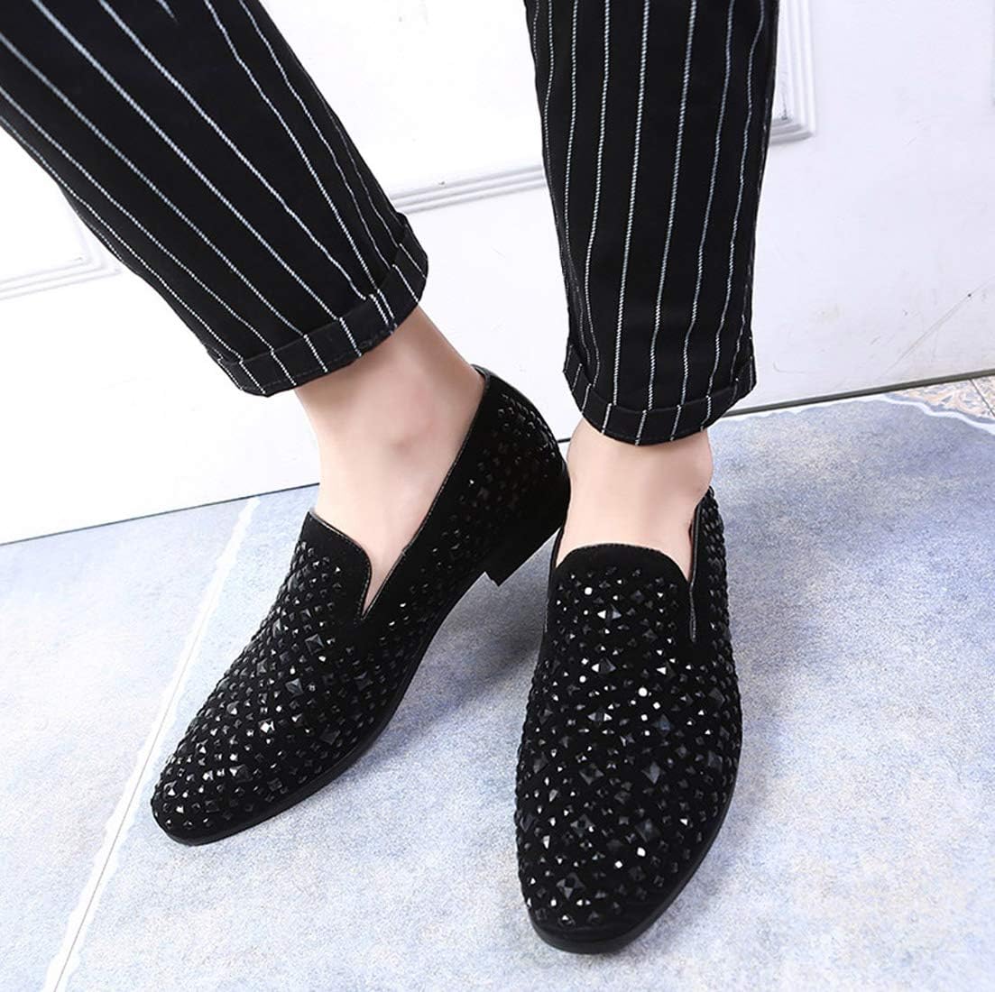 Santimon Loafer Smoking Slipper Moccasins Men Slip on Handmade Rhinestone Studded Pointed Toe Shoes Black