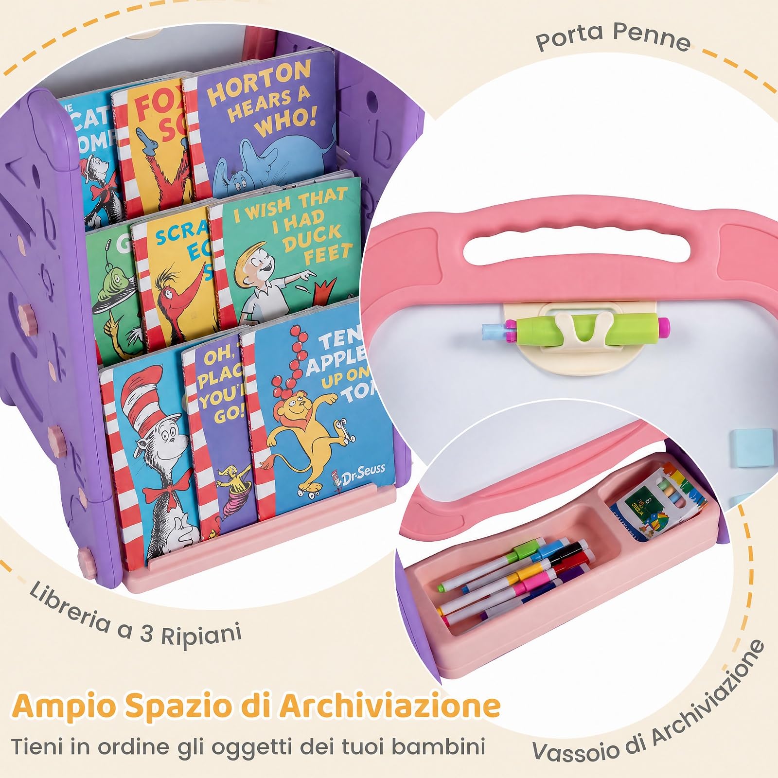 COSTWAY 3 in 1 Cavalletto per Bambini con Lavagna Bifacciale (Viola)