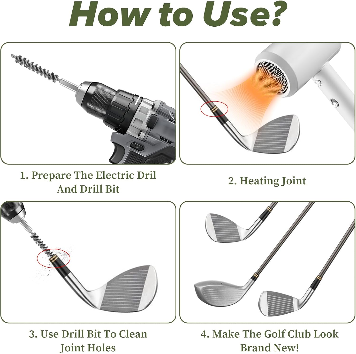 4 Pcs Golf Club Hosel Brush Head Hosel Brush Stainless Steel Golf Shaft Ferrules Bore Wire Brushes Electric Drill Cleaning Tool for Wood and Iron