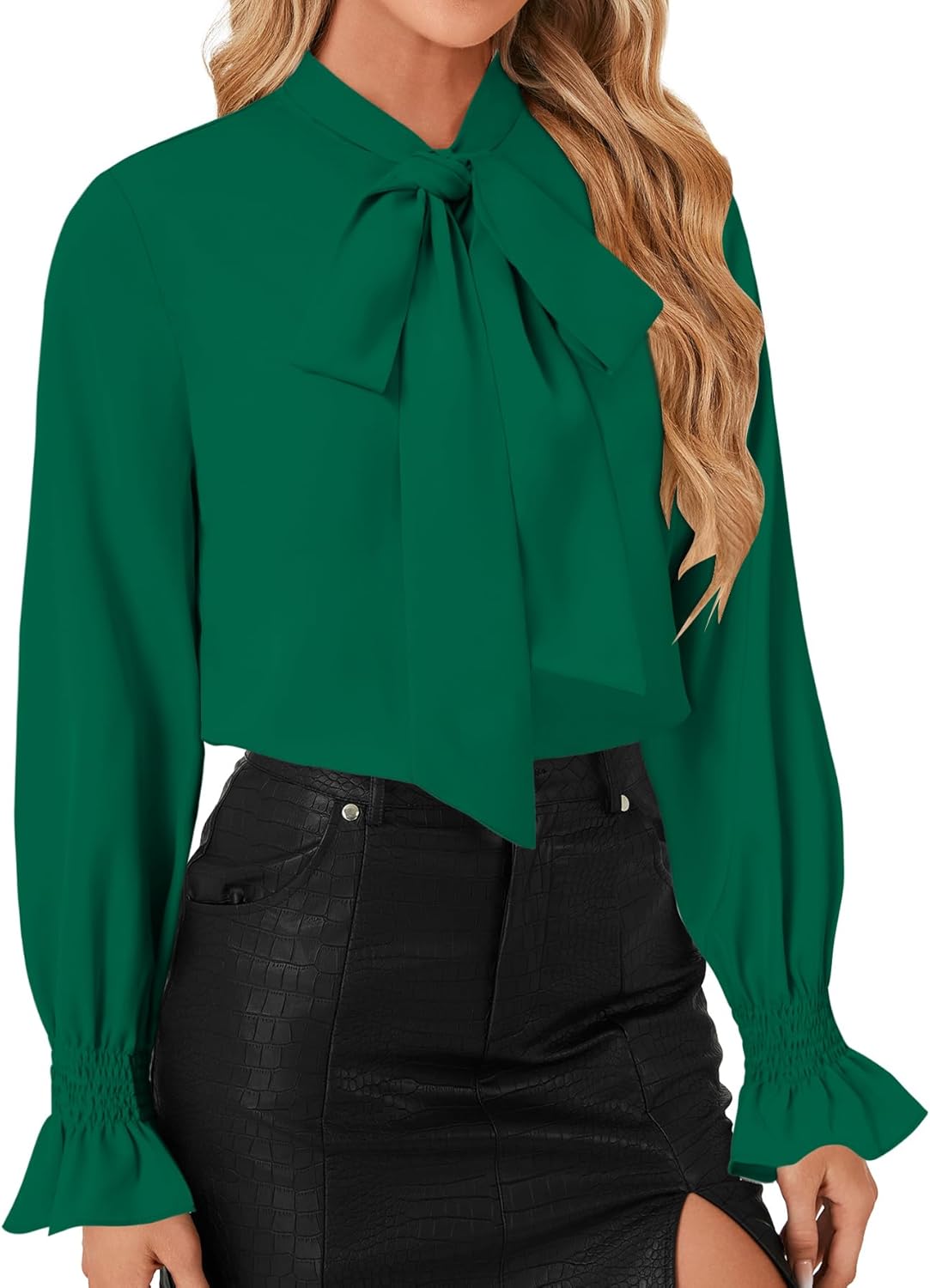 LYANER Women's Bow Tie Front Smocked Long Sleeve Blouse Elegant Office Shirt Top - Image 3