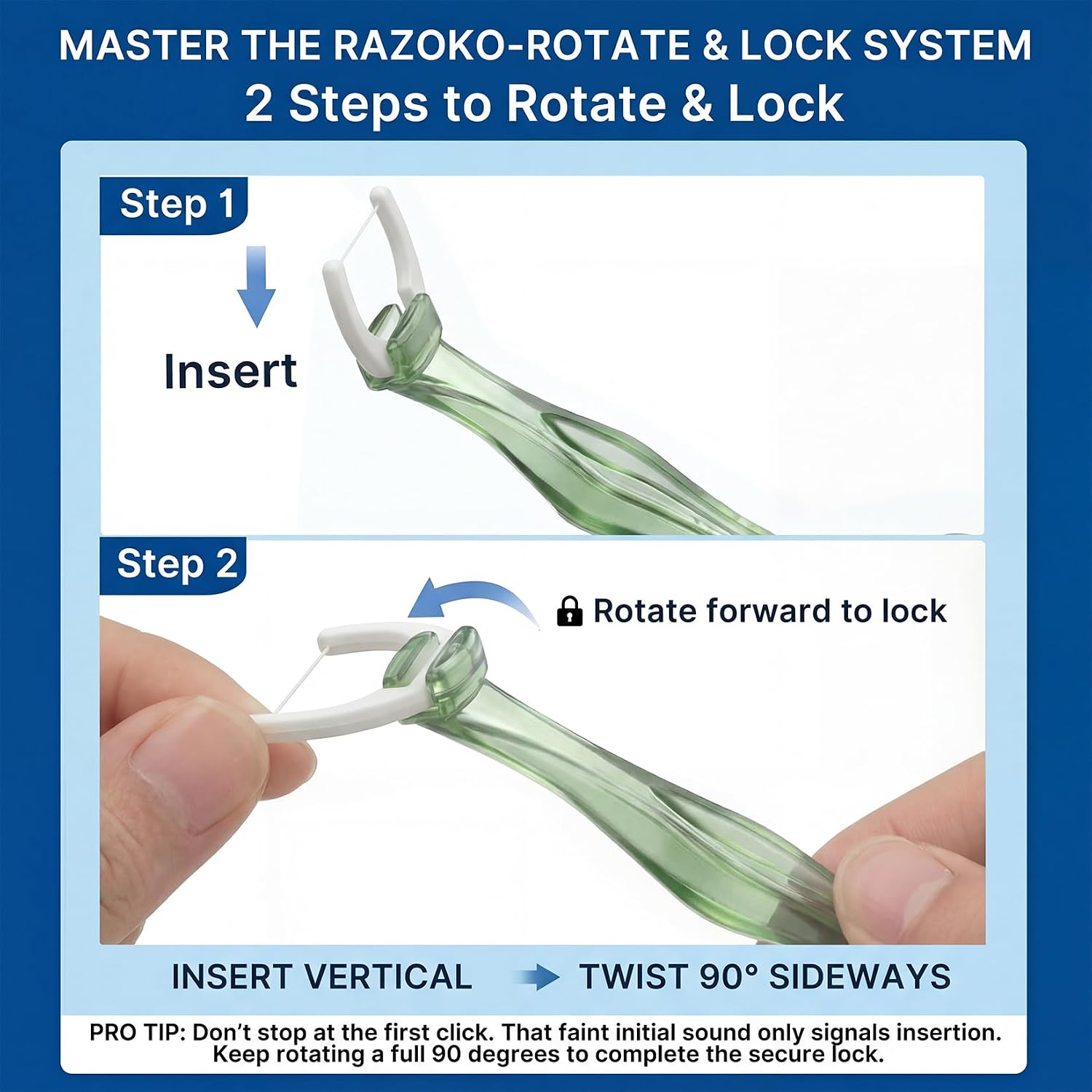 RAZOKO Flosser Kit, Shred-Resistant, Insert & Rotate 90° to 135° for Hard-to-Reach Areas, PTFE & PFAS Free, 2 Handles + 240 Refill Heads, Green image 3