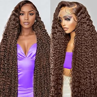 28 Inch Chocolate Brown Human Hair Wig 13x6 HD Deep Wave Lace Front Wigs Human Hair Glueless Wigs Human Hair Pre Plucked Pre cut 4# Colored Deep Curly Lace Frontal Wigs for Women