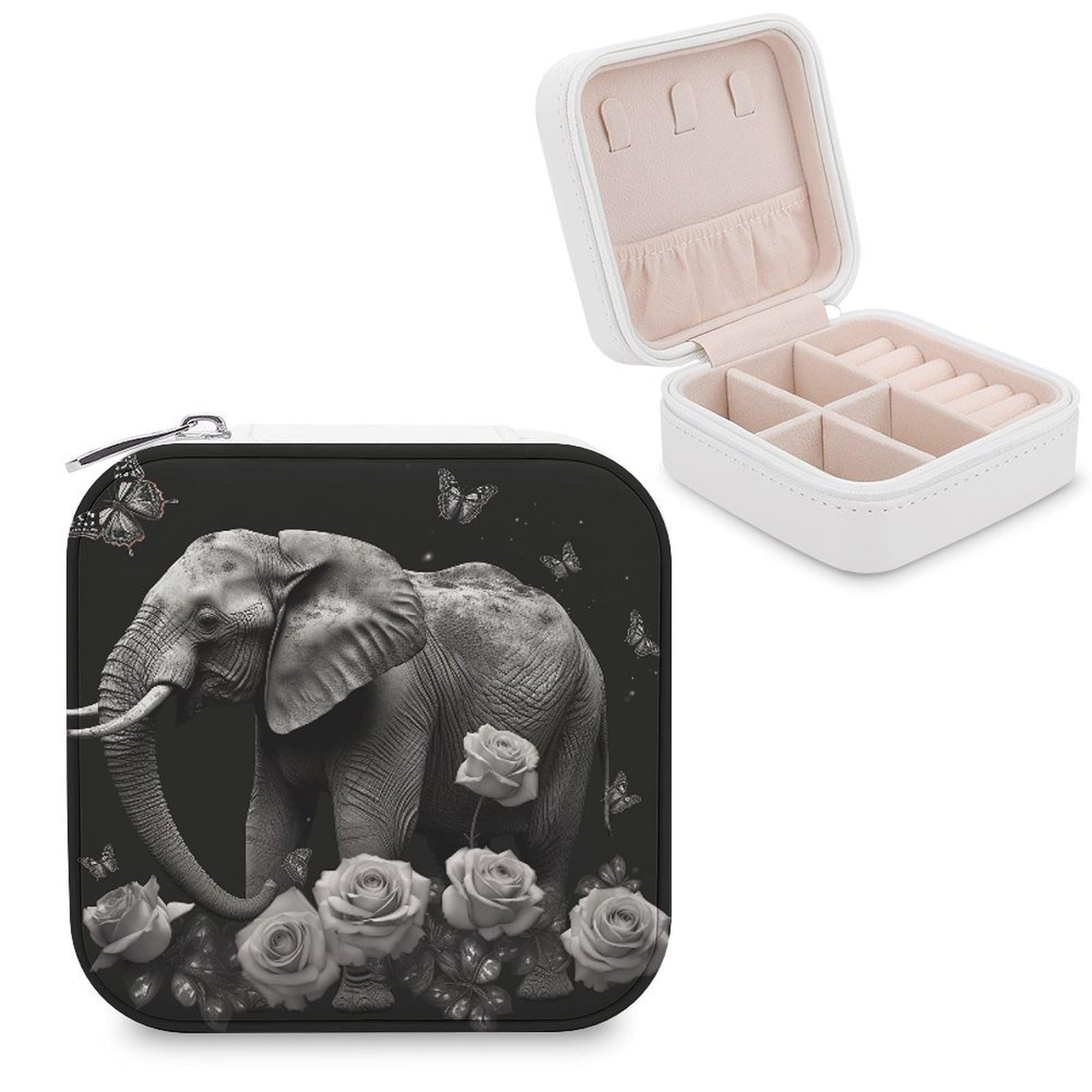 VstaDank Elephant And Butterfly Travel Jewelry Case Zipper Portable Small Jewelry Box Custom Pu Leather Mini Traveling Jewelry Organizer for Rings Earrings Necklace Bracelet Girls Women