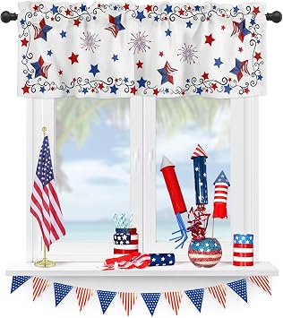 4th of July Stars Kitchen Valances for Windows Living Room, Patriotic Freedom Rod Pocket Valance Curtains Memorial Day Window Treatment for for Bedroom 54x18inch, 1 Panel, Washable