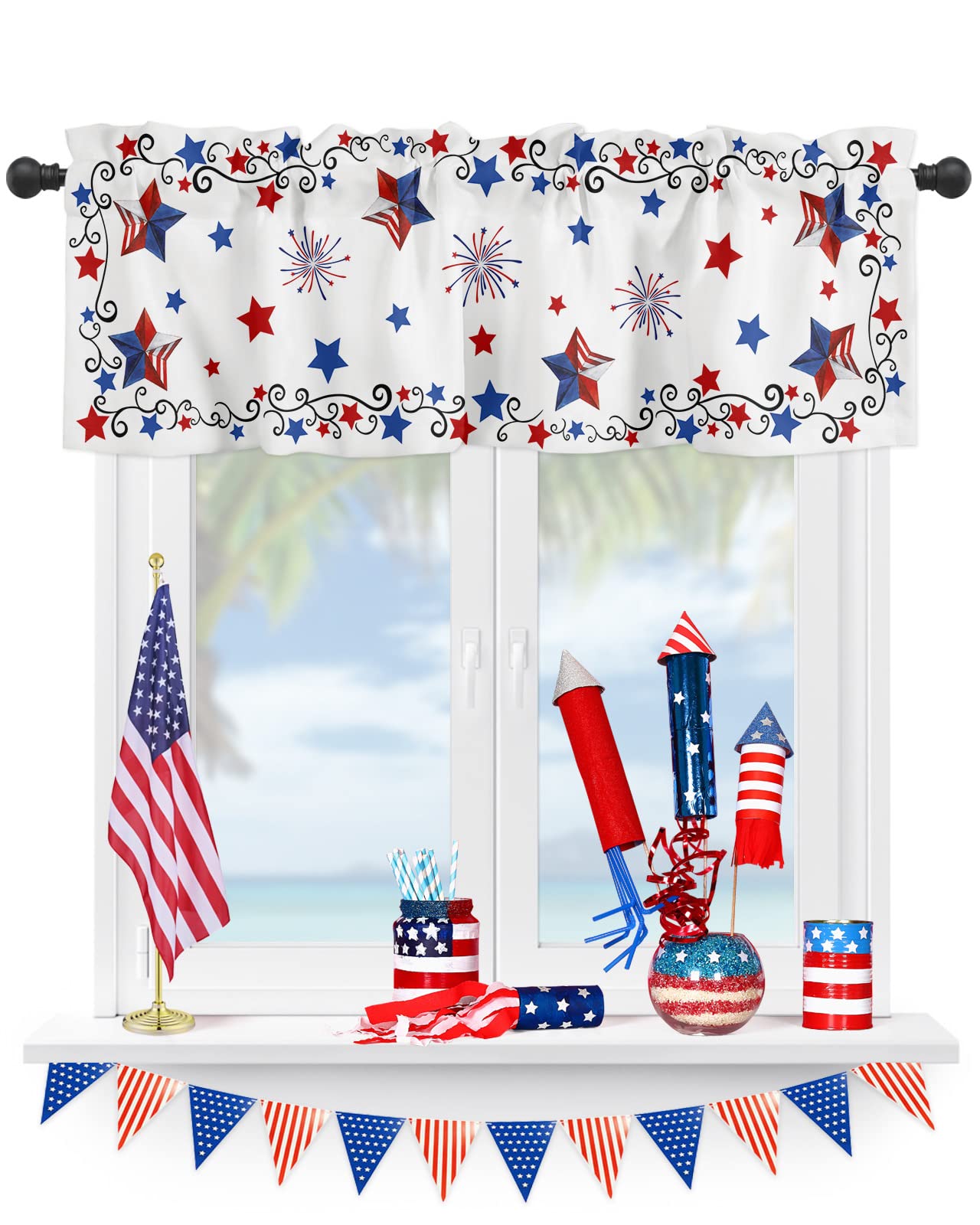 HELLOWINK 4th of July Stars Kitchen Valances for Windows Living Room, Patriotic Freedom Rod Pocket Valance Curtains Memorial Day Window Treatment for for Bedroom 54x18inch, 1 Panel, Washable
