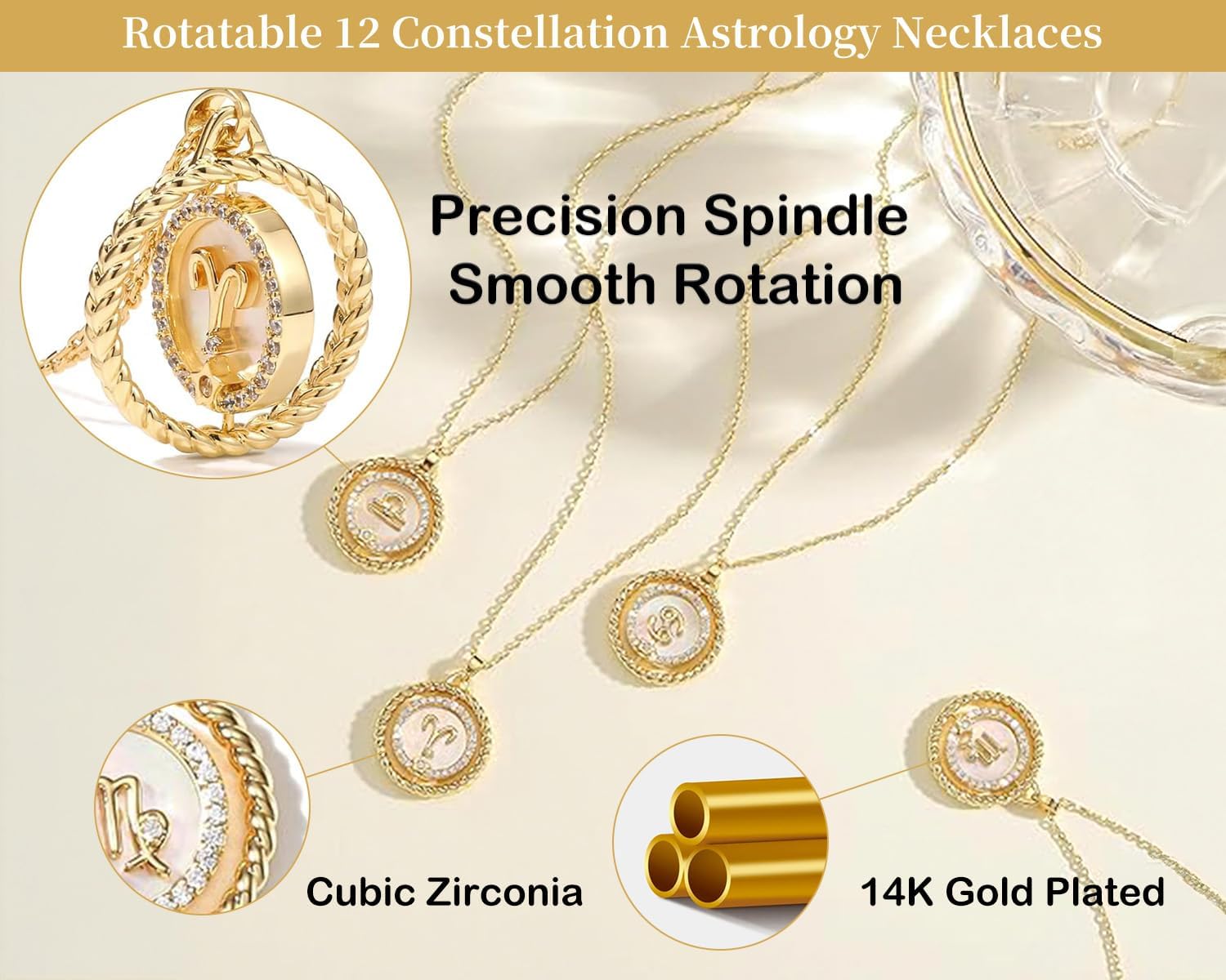 SELENICHAST 14K Gold Dainty Zodiac Necklace for Women,Gold Plated Rotatable 12 Constellation Astrology Necklaces Birthday Jewelry Gifts - Image 3