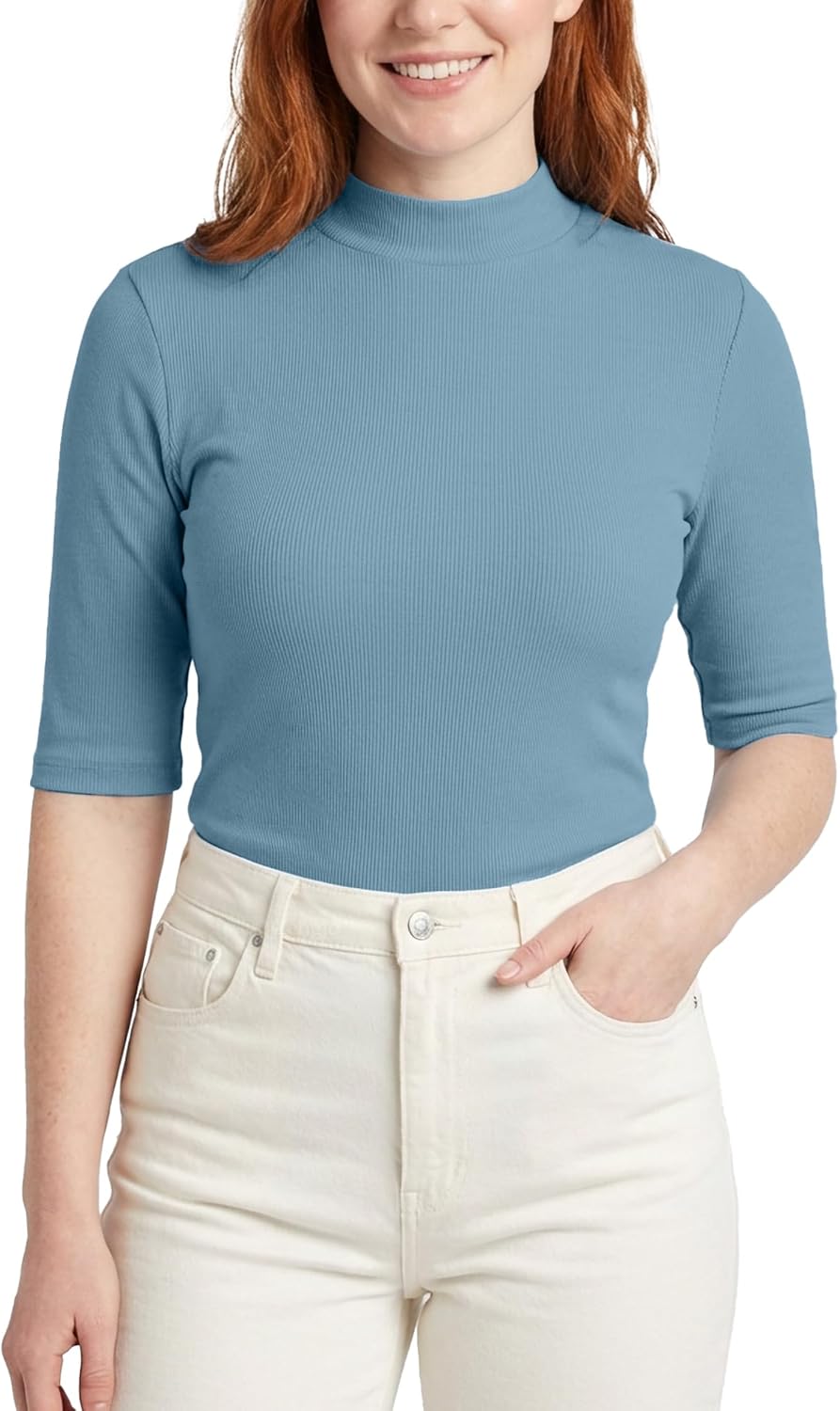 Zengjo Womens Mock Turtleneck Elbow Sleeve Tops - Fitted Stretch Ribbed Shirt for Work & Casual Wear