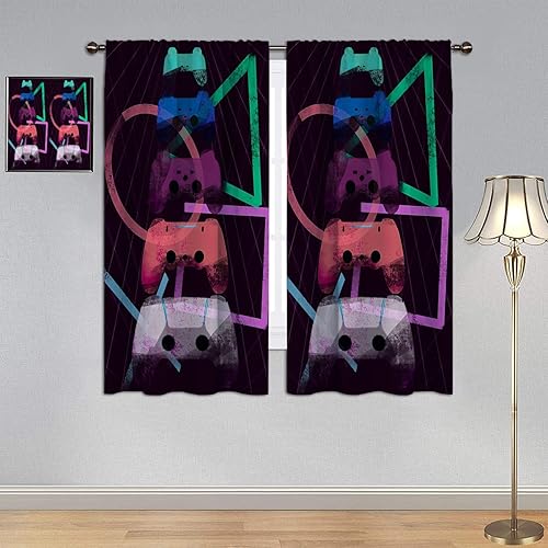 GY Gamepad Gamer Curtains, Energy Efficient Thermal Insulated Blackout Curtain Retro Nostalgia Line Video Games Controller Window Curtain Drape Blackout Window Draperies 42x45 Inch