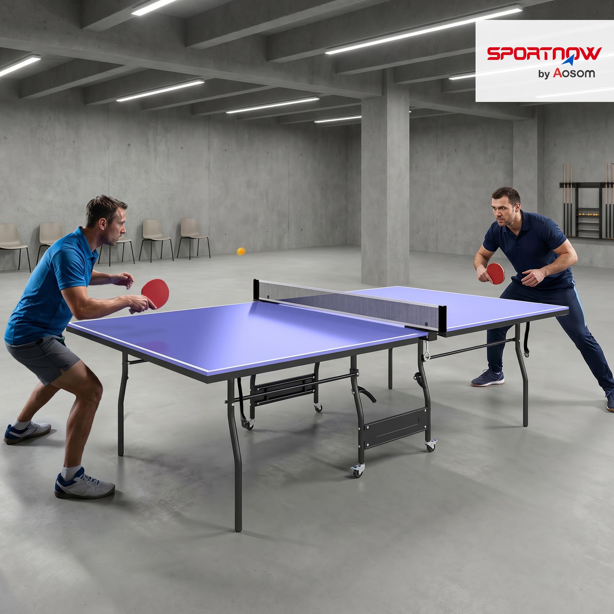 SPORTNOW Mesa de Ping-Pong Plegable Tamaño Estándar con 4 Ruedas, Red, 2 Paletas y 3 Pelotas 274x152,5x76 cm Azul