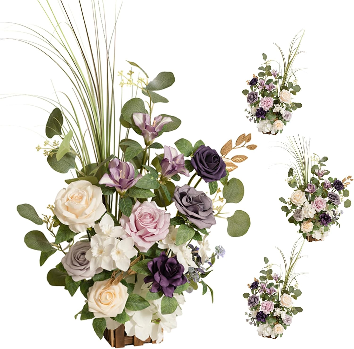 Ling's moment 17.5" Tall Standing Artificial Flowers Arrangements 4 pcs Wedding Aisle Runner Chair Decorations Lilac & Gold Centerpieces for Ceremony Reception Rose Floral Party Outdoor Decor Pur-lilac & Gold