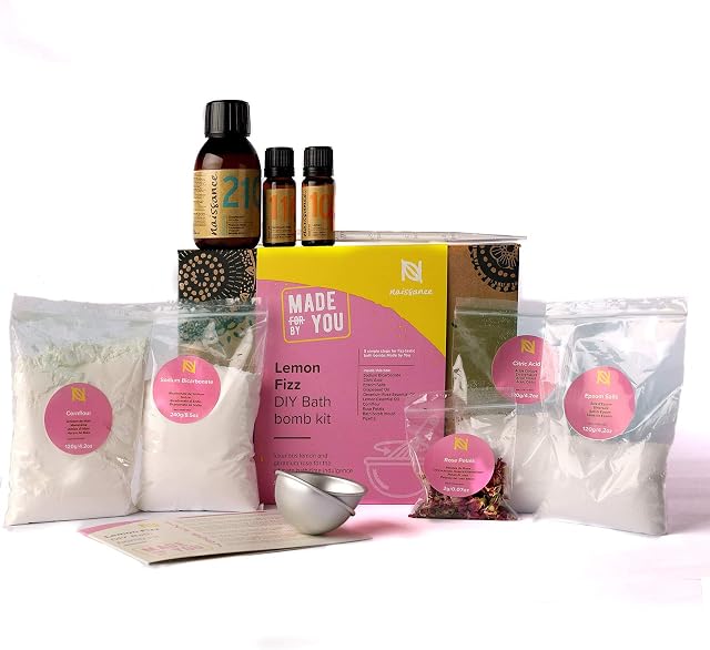 Naissance 100% Pure & Natural DIY 'Lemon Fizz' Bath Bombs Luxury Make Your Own Gift Set - with Lemon & Geranium Rose Essential Oils - Vegan and Cruelty Free - Present for Any Occasion
