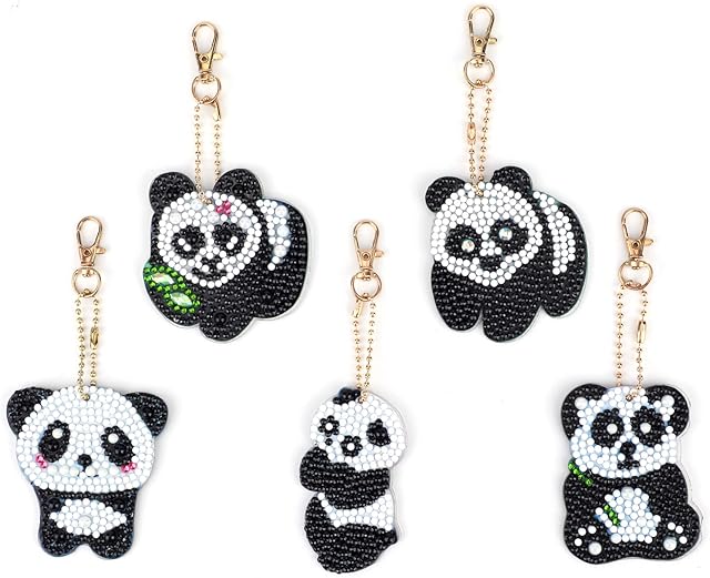 VETPW 5 Pieces DIY 5D Panda Design Diamond Art Painting Keychain Kit, Double Sided Full Drill Diamond Rhinestone Painting Key Chains Pendant for Women Purse Backpack Handbag Decor