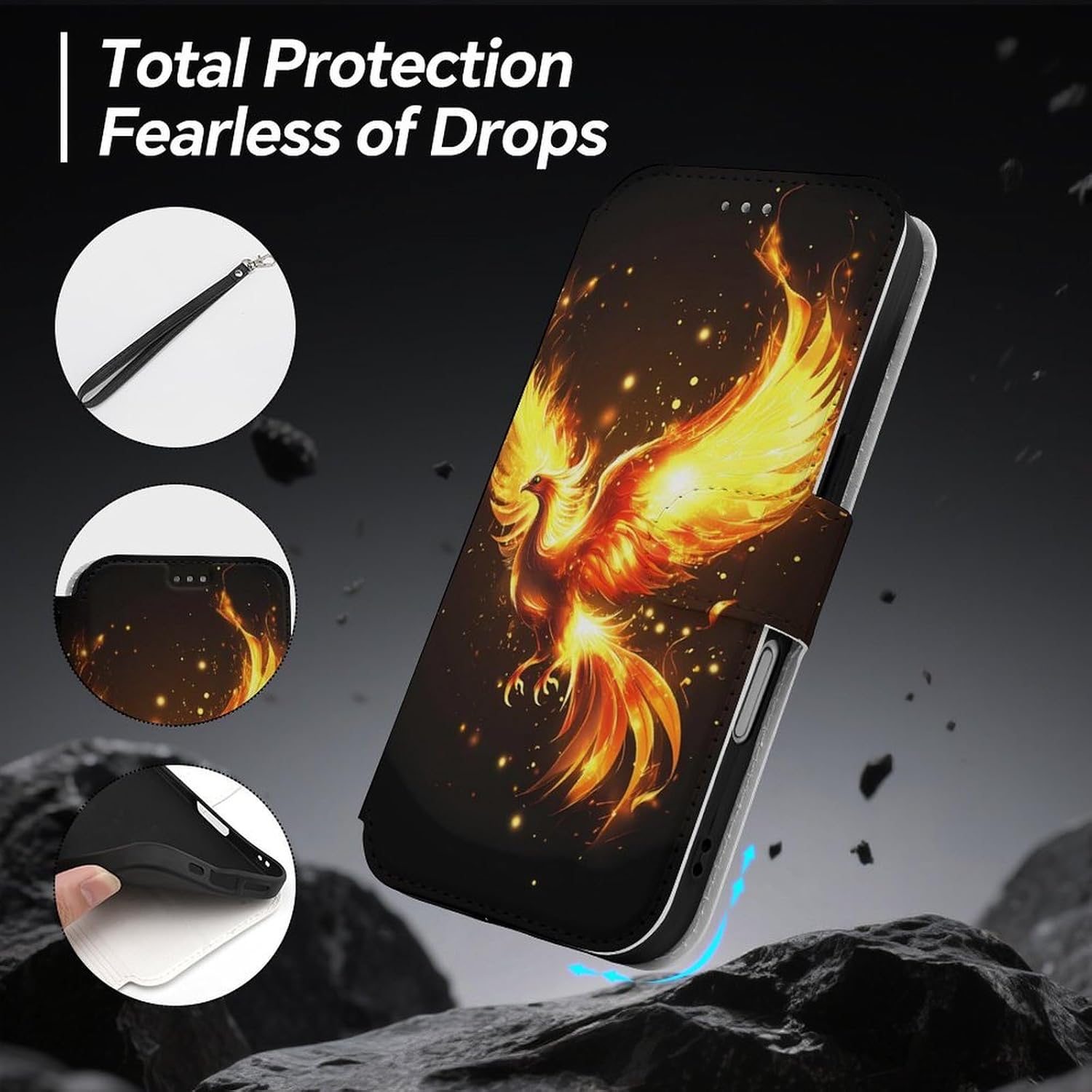 Fire Phoenixs Compatible with iPhone 16/16 Plus/16 Pro/16 Pro Max/16 E Case Phone Wallet Card Holder Flip Cover with Wrist Strap