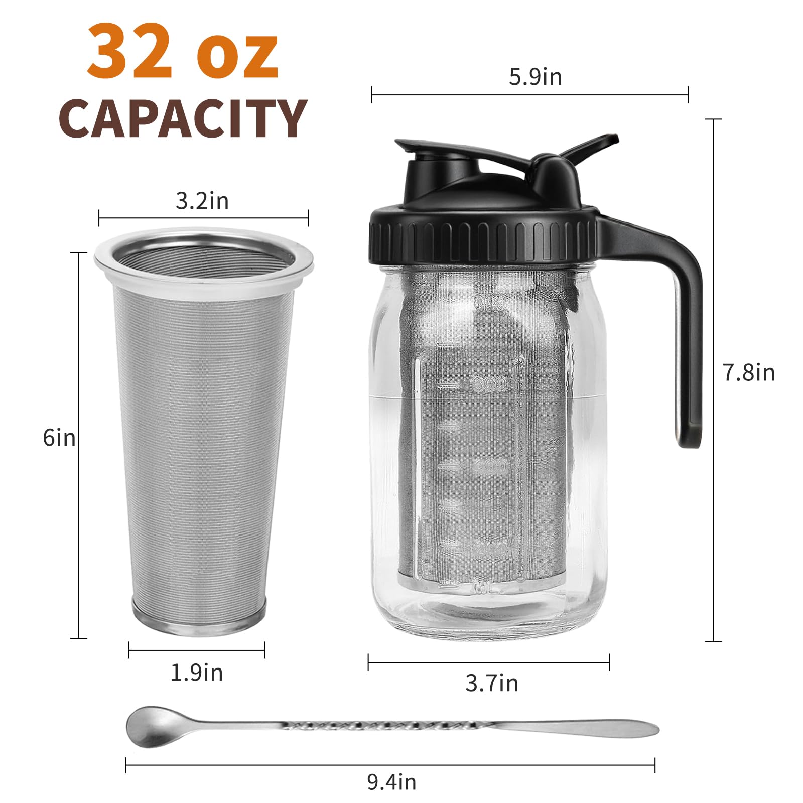 Cafetière à froid 800ML pichet en verre filtre acier inoxydable couvercle hermétique 32OZ