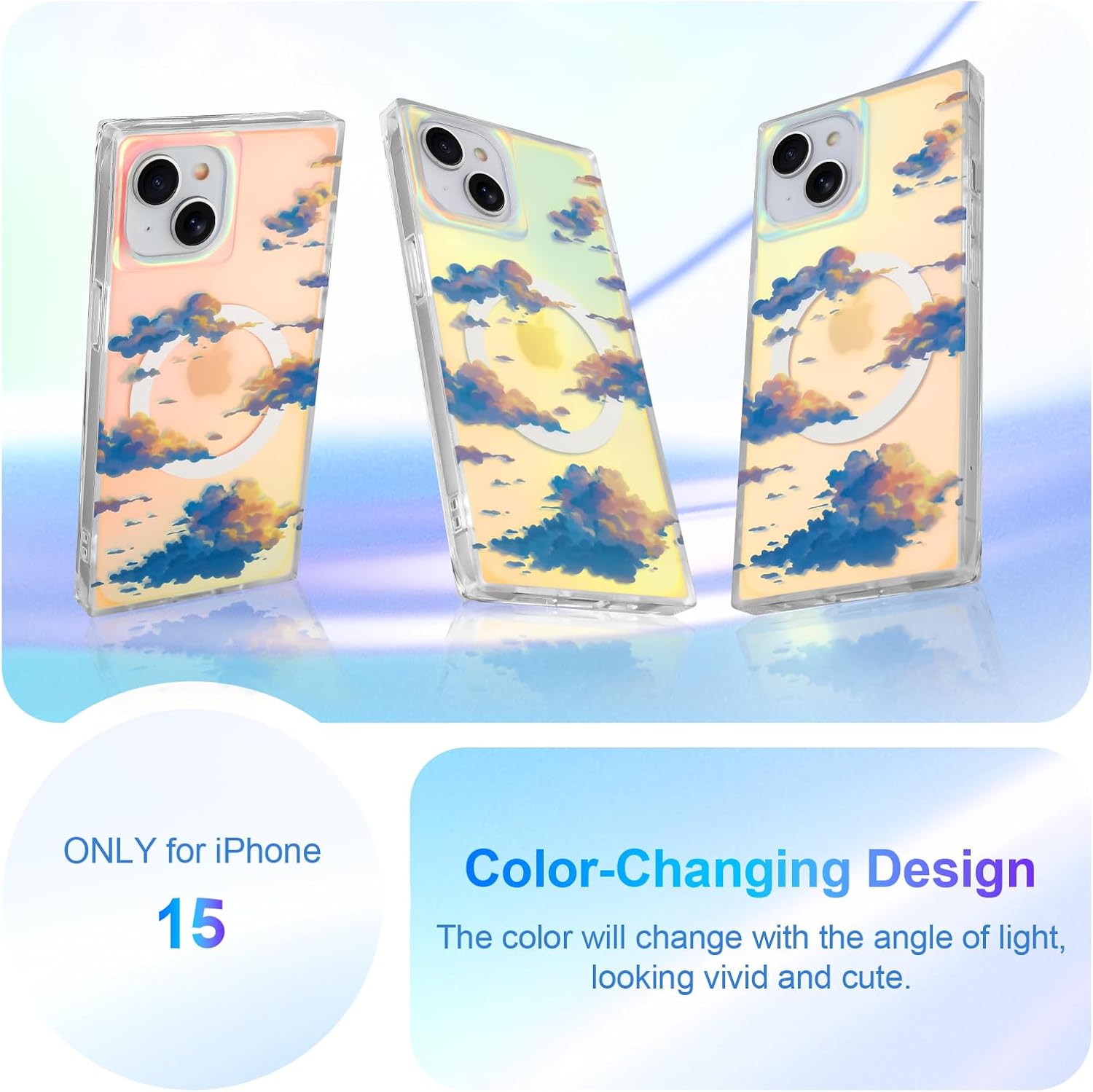 Cute Case for iPhone 15 Case for Women Girls [Compatible with Magsafe] Aesthetic Iridescent Cloud Pattern Design, Girly Glitter Sparkly Bling Rectangle Magnetic Protective Phone Cover