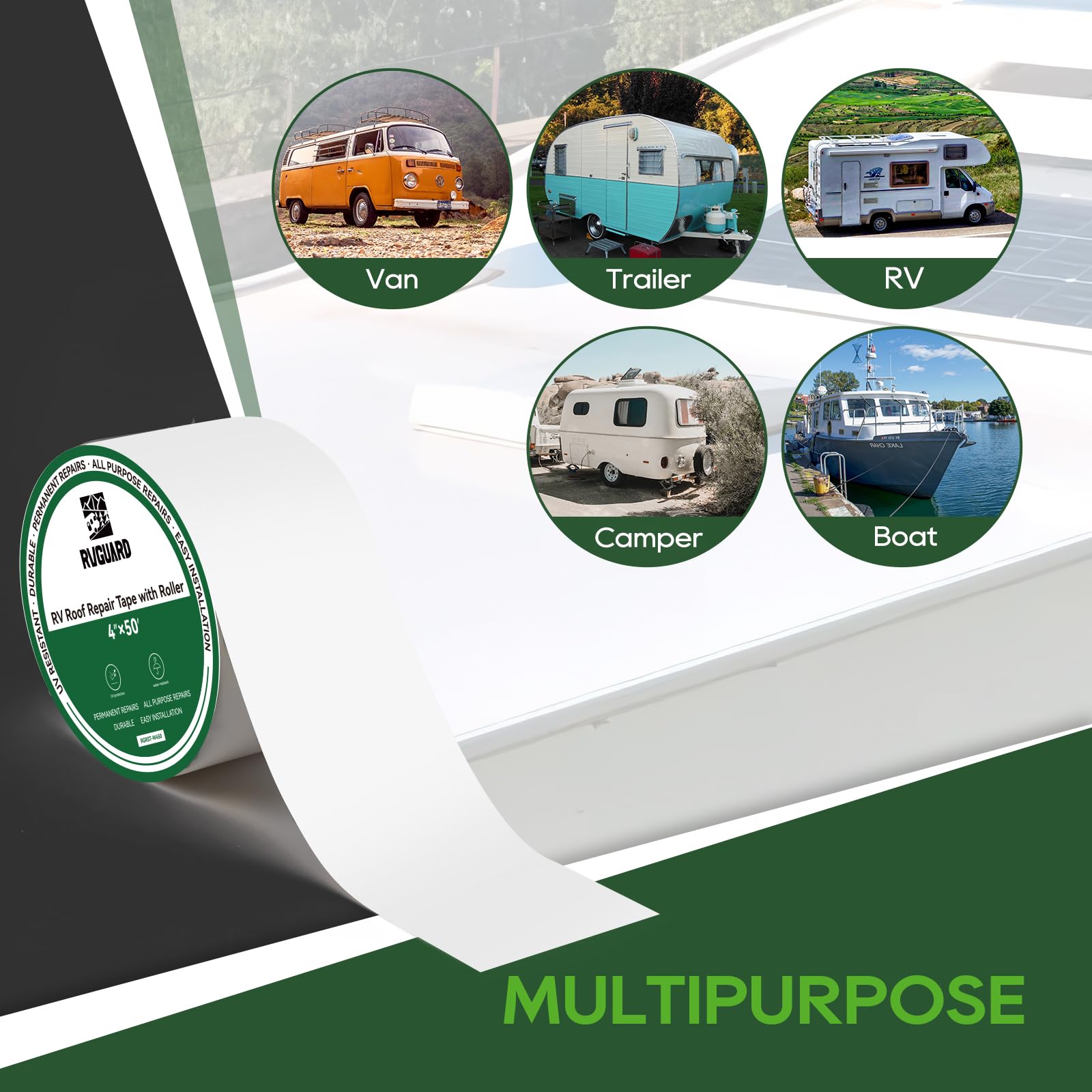RVGUARD Wohnwagen-Dachdichtband, weiß, Dachdichtband mit Rolle, Dachreparaturband, UV-beständiges und wasserdichtes Dachreparaturband für Wohnmobil, Wohnwagen, Anhänger