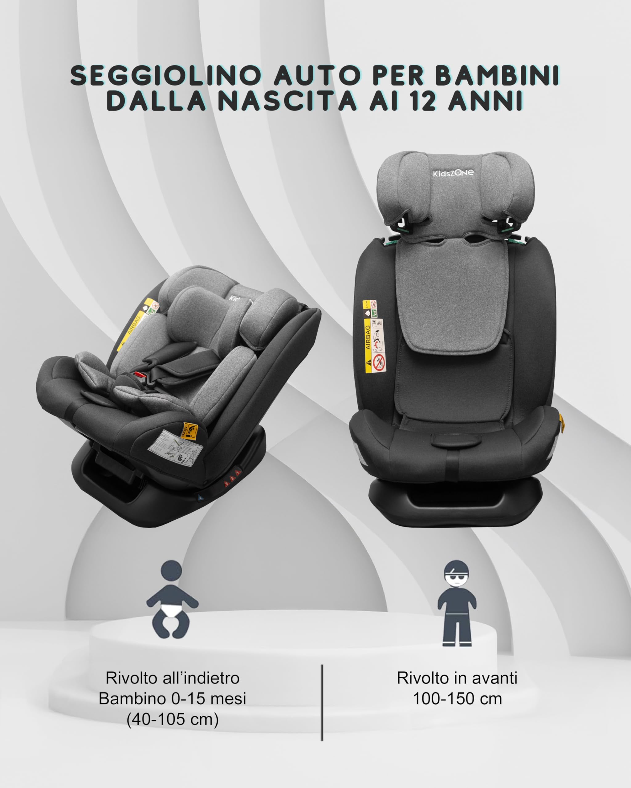 Seggiolino Auto senza Isofix 0-36 kg i-Size (40-150 cm) - Seggiolino Auto Gruppo 0/1/2/3 - Regolabile in Altezza, Reclinabile 4 posizioni