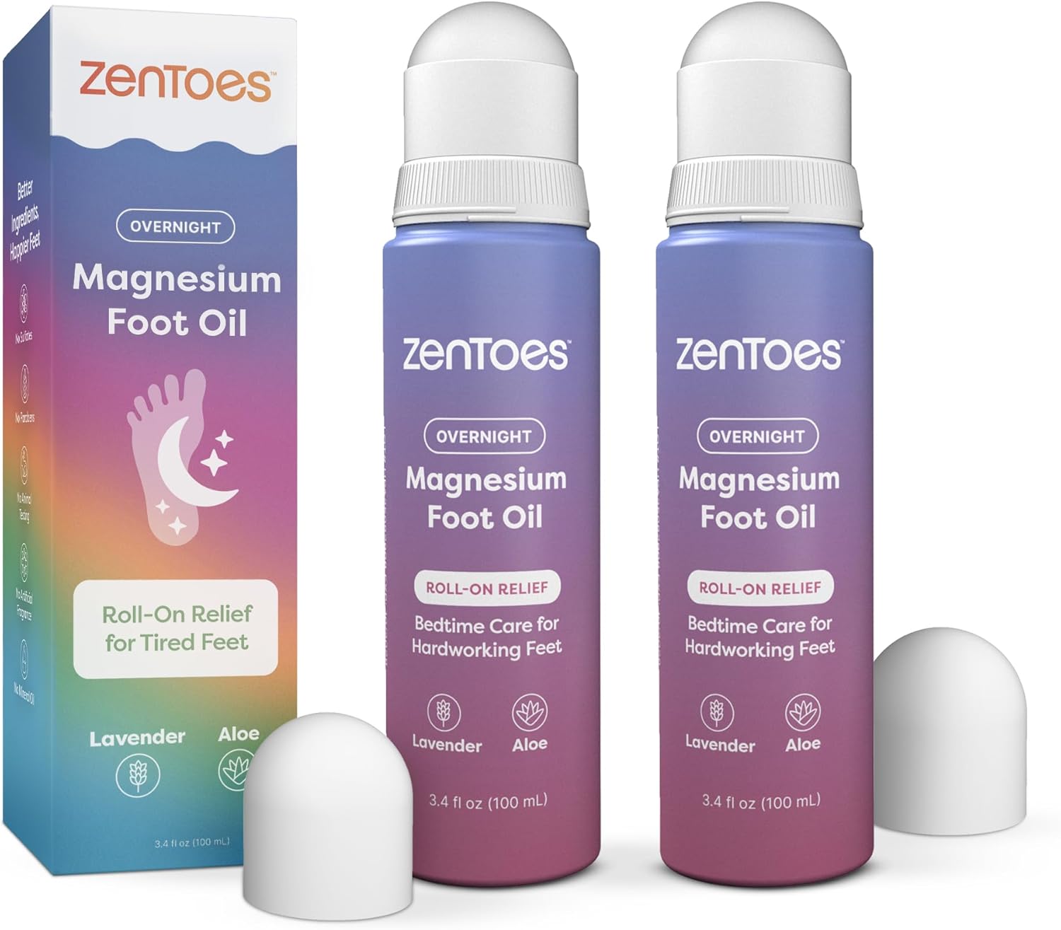 ZenToes Magnesium Oil for Feet | Targeted Tension Relief Roller Ball for Restless Legs & Feet | Magnesium Spray Alternative for Restful Sleep | Lavender & Mint Scent | 3.4oz, Pack of 2