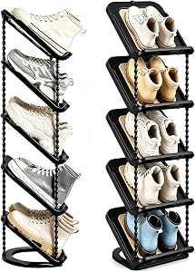 2 Pack Sloping Narrow Shoe Rack 5 Tiers - Free Standing Vertical Shoes Racks for Small Spaces and Corner, Shoe Storage Organizer for Entryway, Tall Slim Shoe Shelf Cabinet for Shoes Boots - Black
