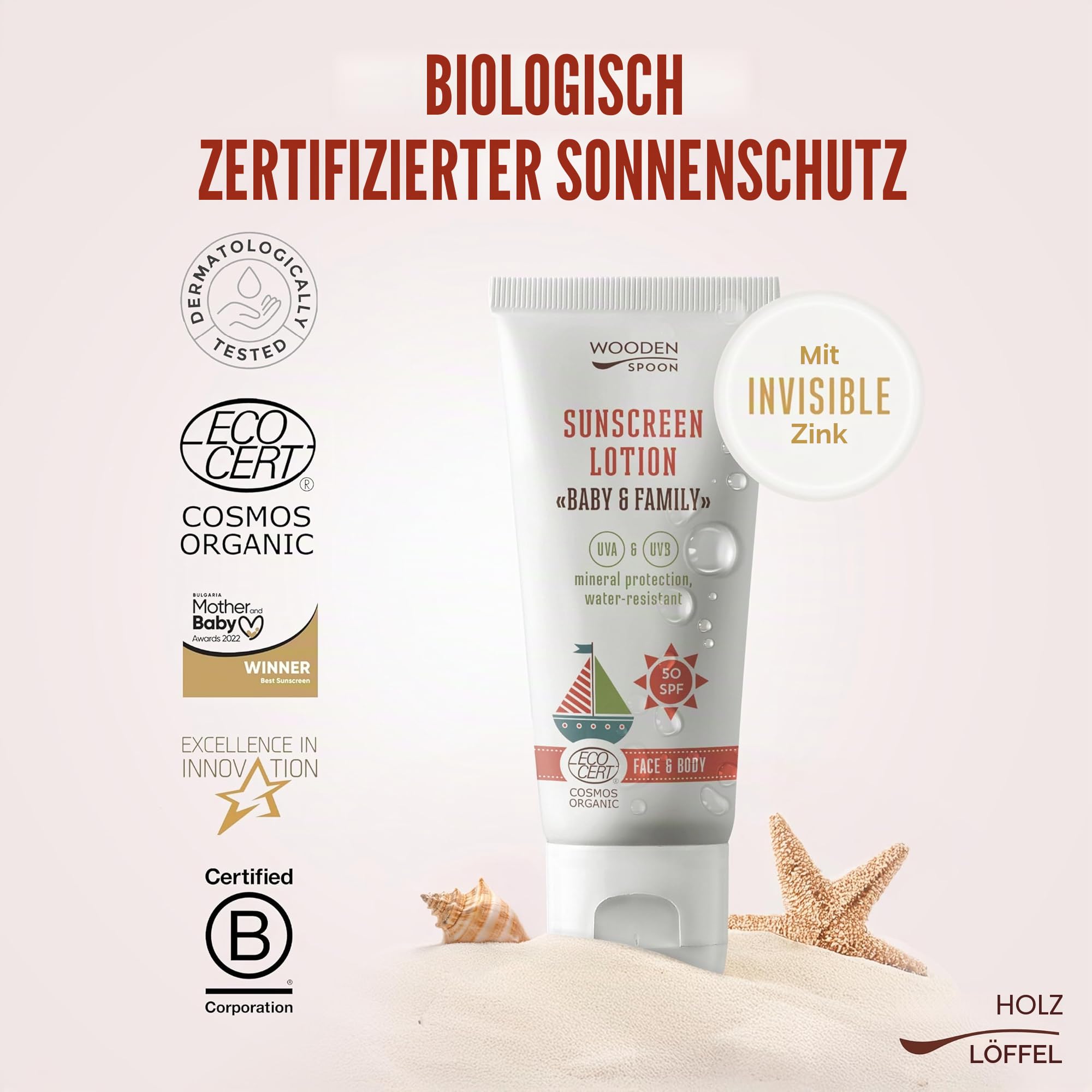 Wooden Spoon organische zertifizierte Sonnenschutzlotion "Baby & Familie" SPF50 100% Mineralfilter, 100ml