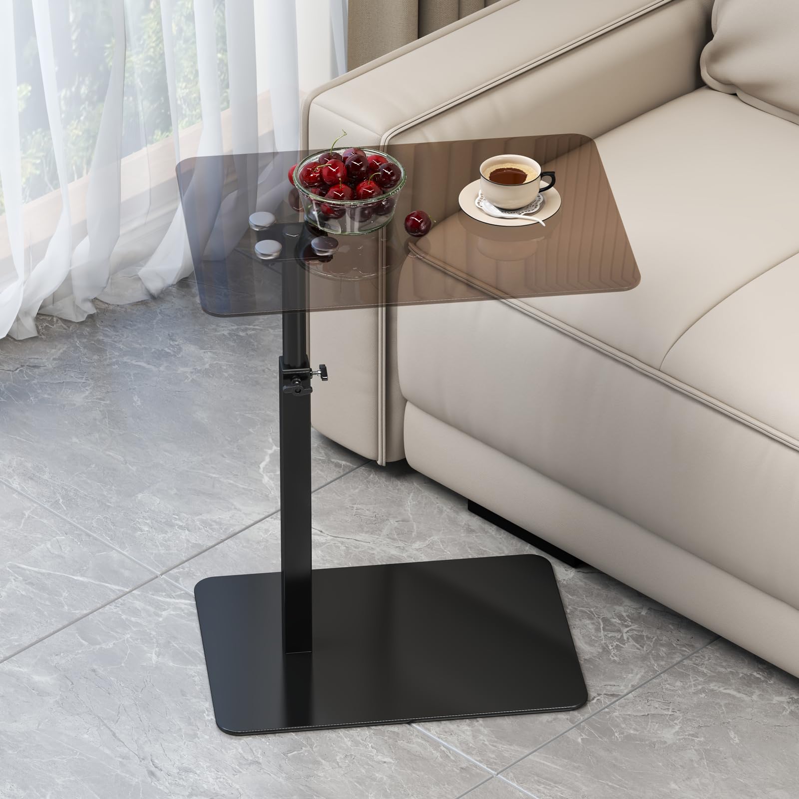 Mesa auxiliar de cristal en forma C, altura ajustable, base de metal, mesa auxiliar para sofá/cama, mesa giratoria de 360°, mesa auxiliar móvil para salón, color negro y transparente. (negro)